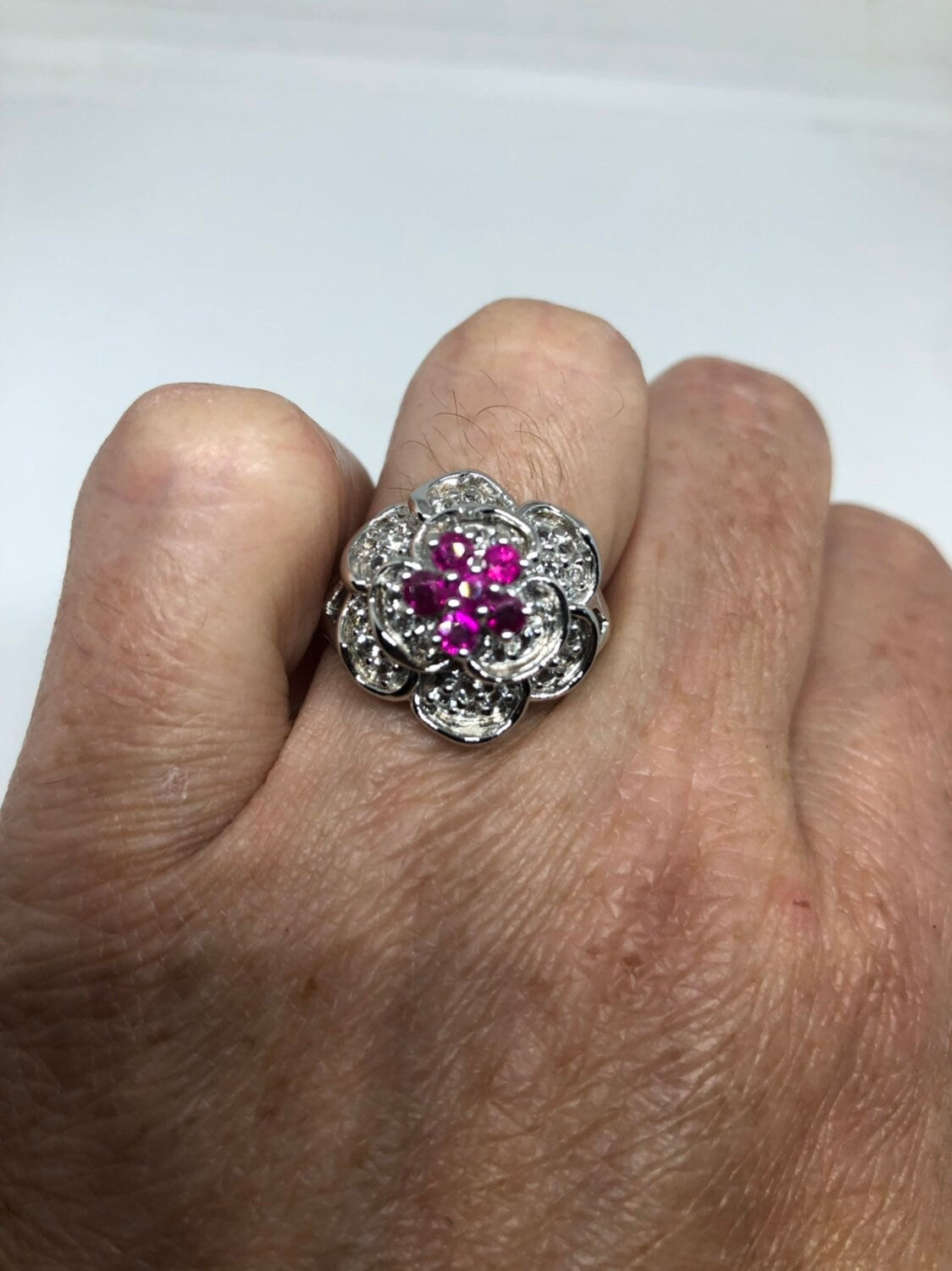 Vintage Handmade Pink Ruby and White Sapphire Setting Sterling Silver Gothic Ring