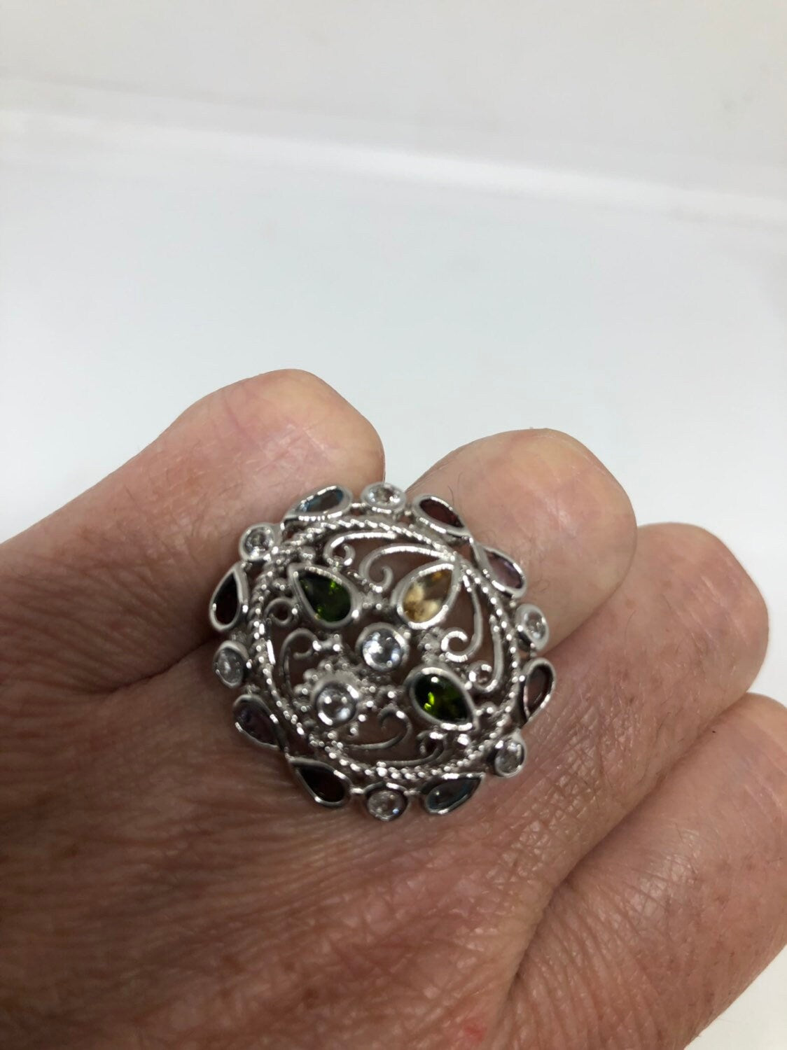 Vintage Handmade Genuine Tourmaline and White Sapphire 925 Sterling Silver Gothic Flower Ring