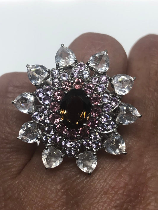 Vintage Handmade Genuine Smoky Topaz Pink Tourmaline and White Sapphire 925 Sterling Silver Gothic Flower Ring