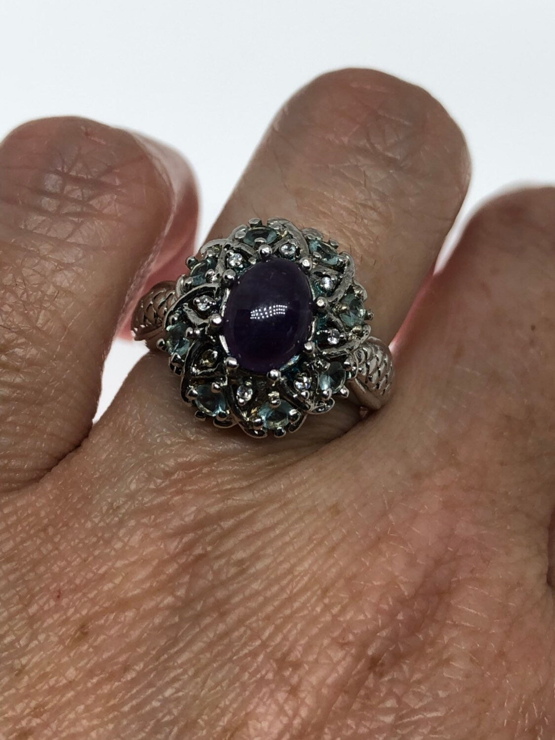 Vintage Handmade Genuine Purple Amethyst Filigree Setting 925 Sterling Silver Gothic Ring