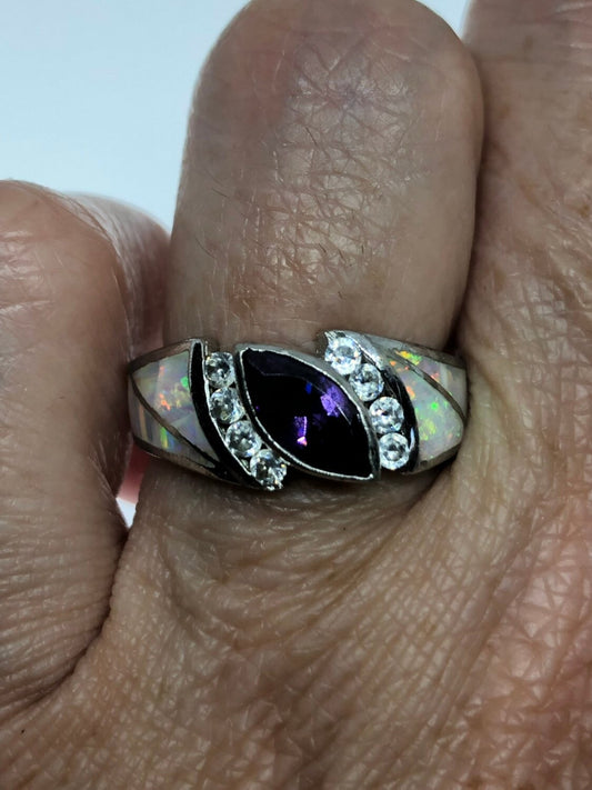 Vintage Handmade Genuine Purple Amethyst and Opal Inlay Setting 925 Sterling Silver Gothic Ring