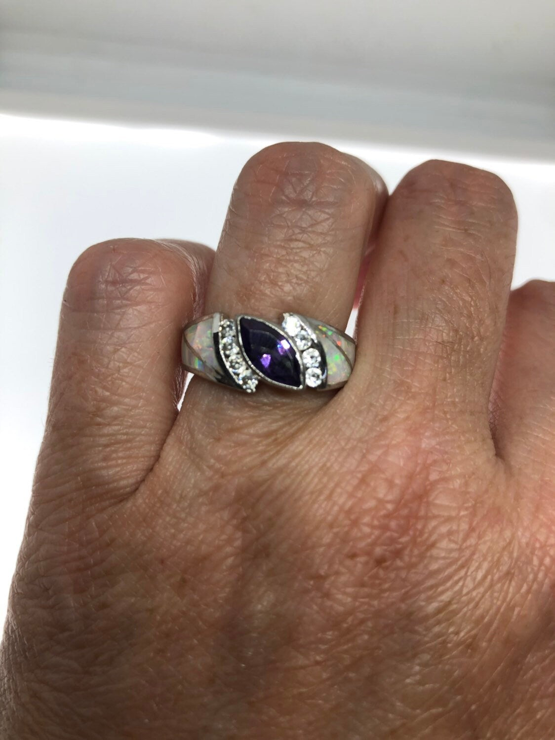 Vintage Handmade Genuine Purple Amethyst and Opal Inlay Setting 925 Sterling Silver Gothic Ring