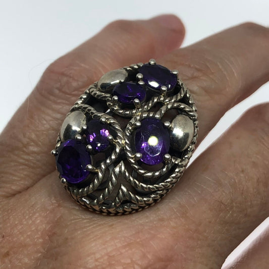 Vintage Handmade Deep Purple Genuine Amethyst Setting 925 Sterling Silver Gothic Ring