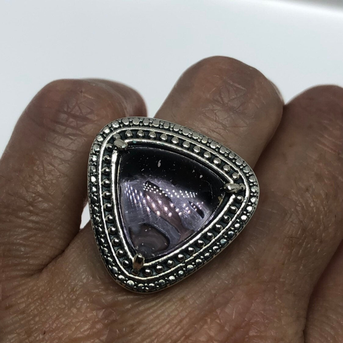 Vintage Handmade Genuine Purple Amethyst Filigree Setting 925 Sterling Silver Gothic Ring.