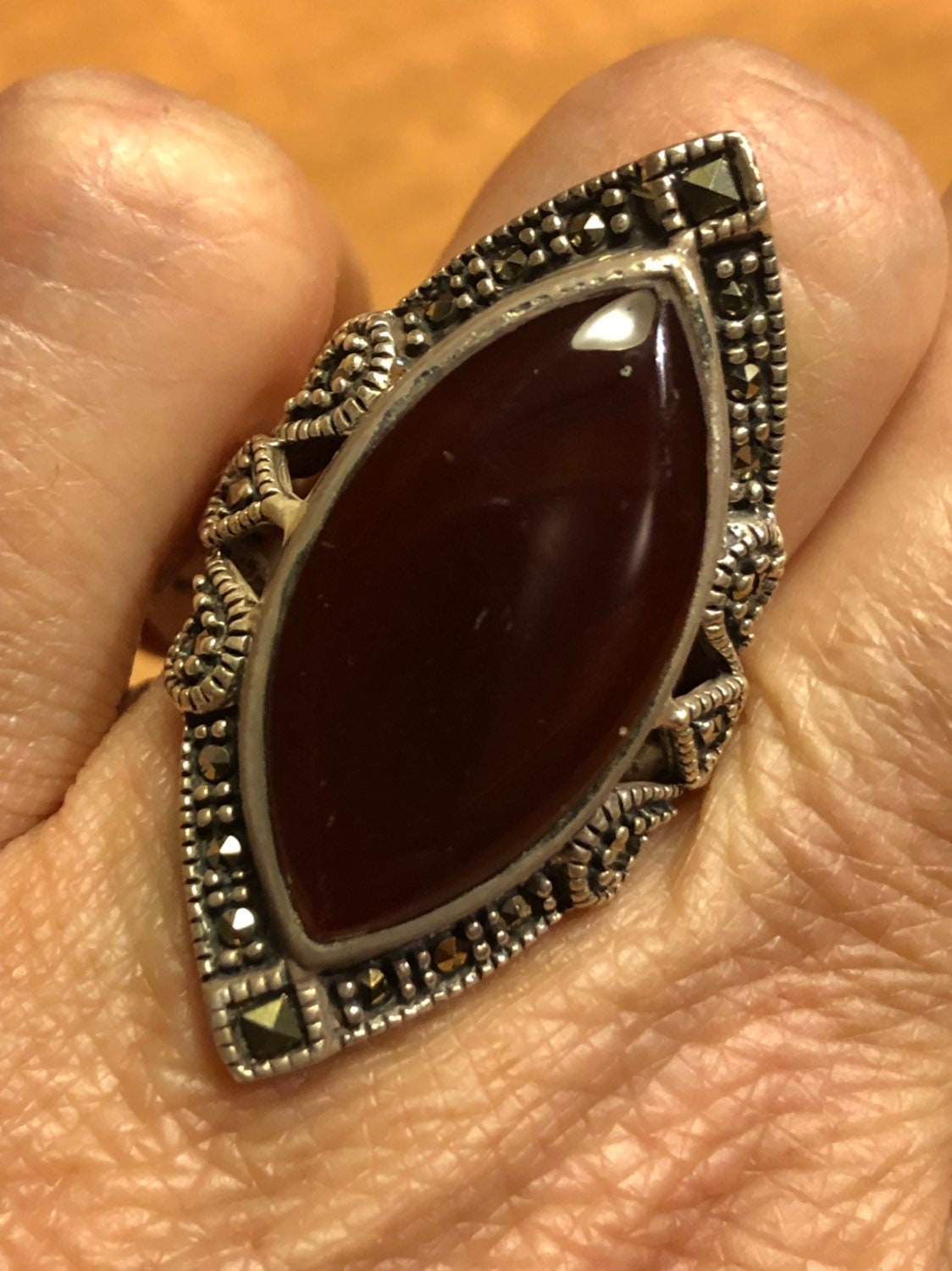 Vintage Genuine Red Carnelian 925 Sterling Silver Marcasite Ring