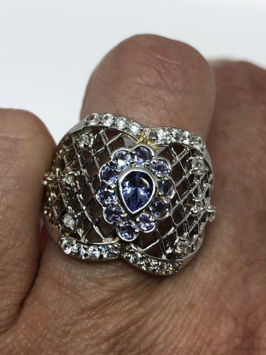 Vintage Handmade Blue Tanzanite White Sapphire 925 Sterling Silver Gothic Ring