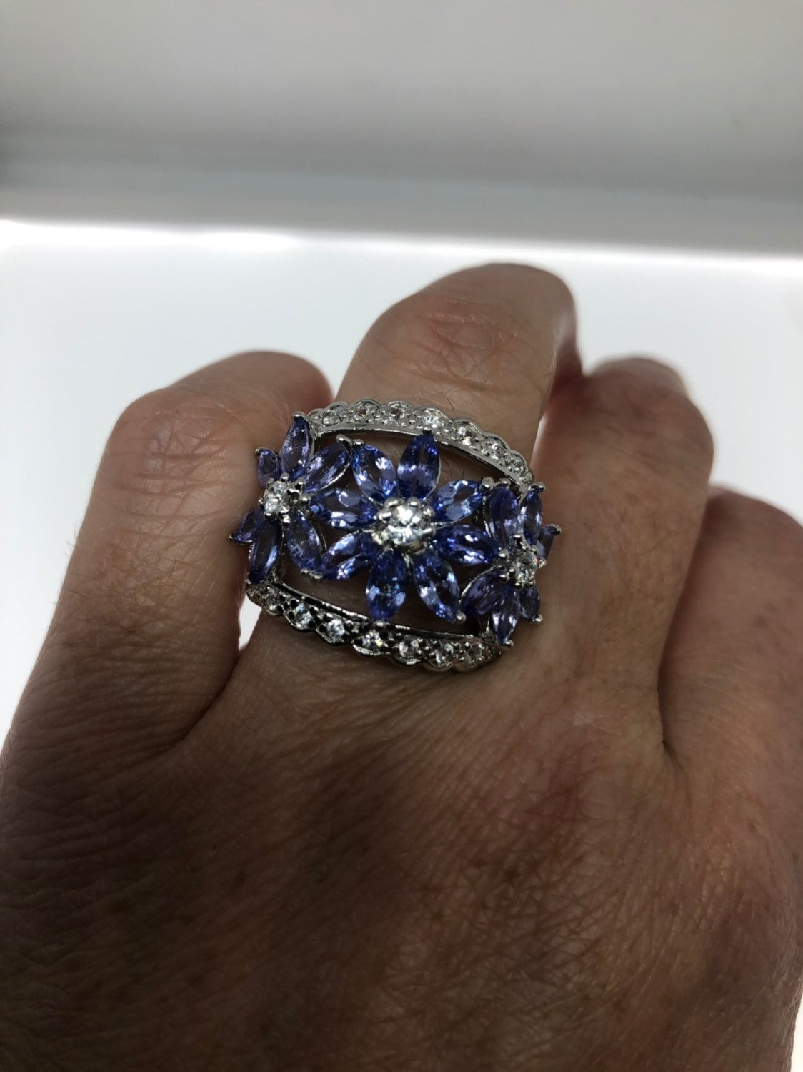 Vintage Handmade Genuine Blue tanzanite White Sapphire 925 Sterling Silver Gothic Ring