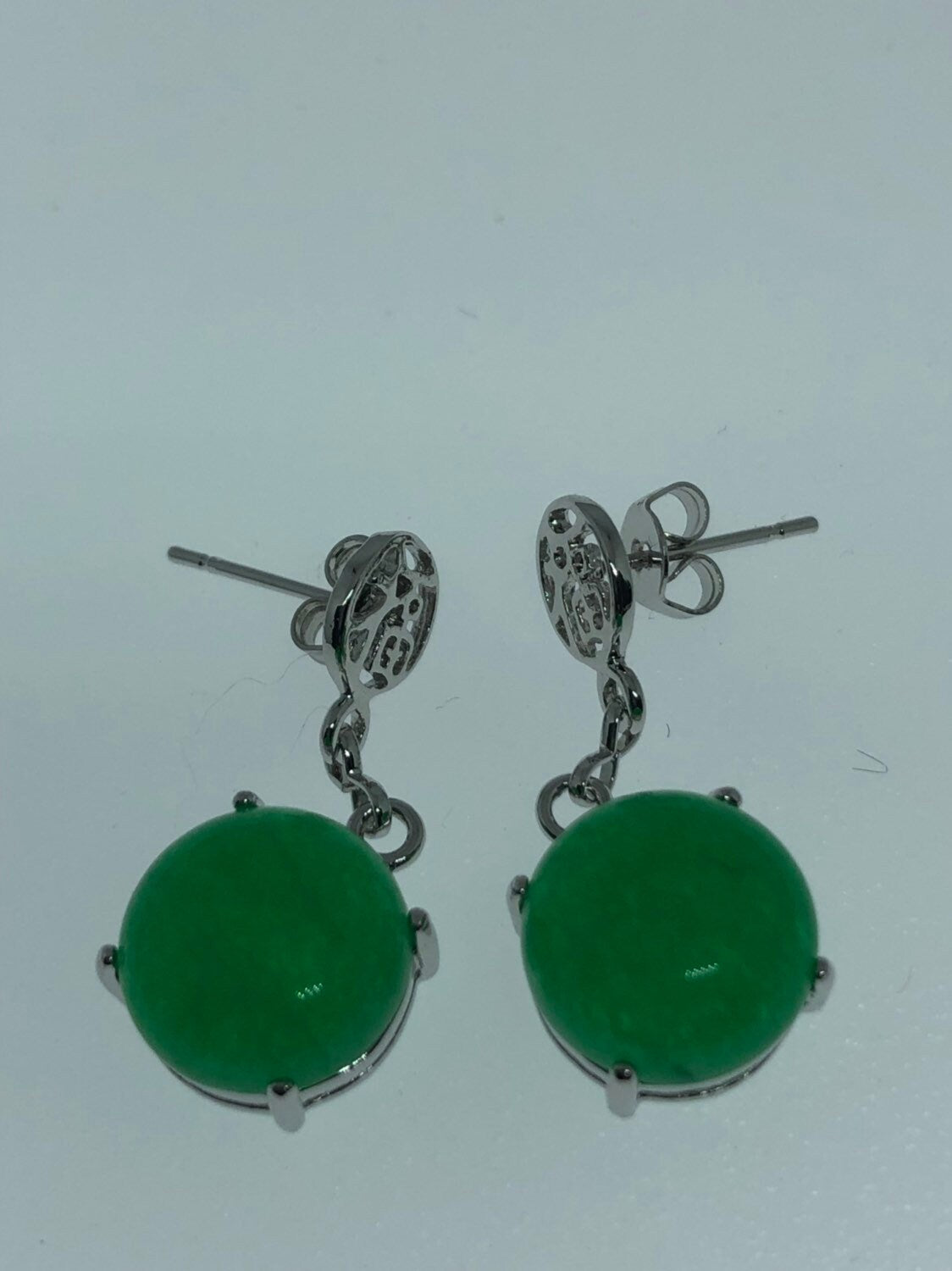 Vintage Green Fun Jade Gemstone Silver Bronze Earrings