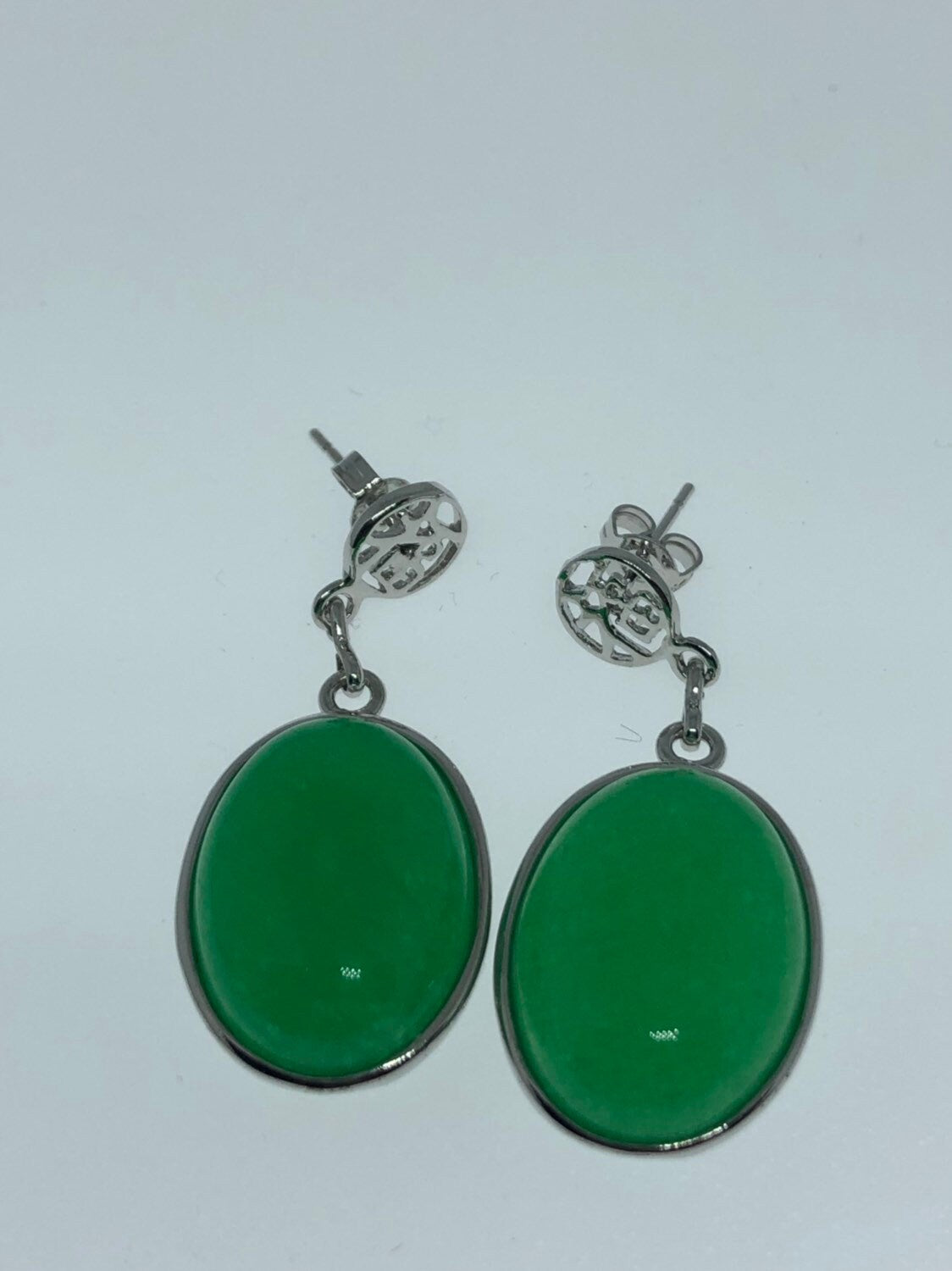 Vintage Fun Green Jade Gemstone Silver Bronze Earrings