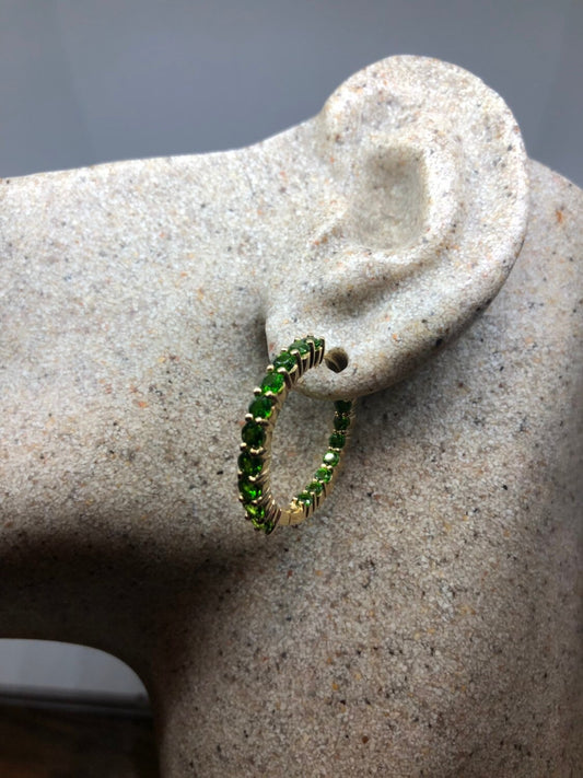 Vintage Handmade 925 Sterling Silver Chrome Diopside Hoop Earrings