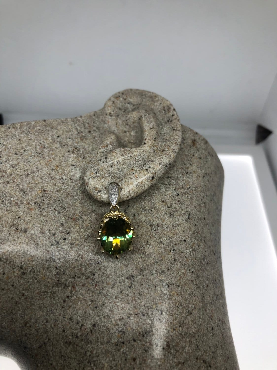 Vintage Handmade Gold Sterling Silver Genuine Green Mystic Peridot and White Sapphire Earrings