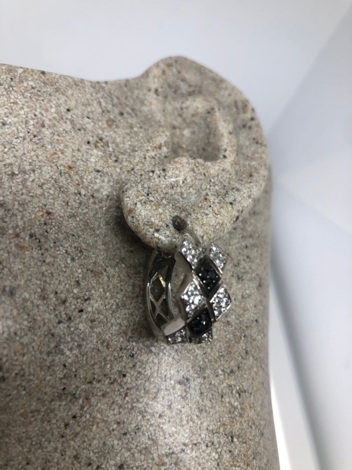 Vintage Handmade Sterling Silver diamond look Black and White Sapphire Gemstone drop Hoop Earrings