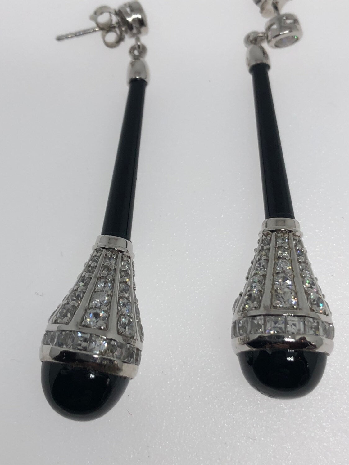 Vintage Deco Genuine Faceted White Sapphire Black Onyx 925 Sterling Silver Deco Dangle Earrings