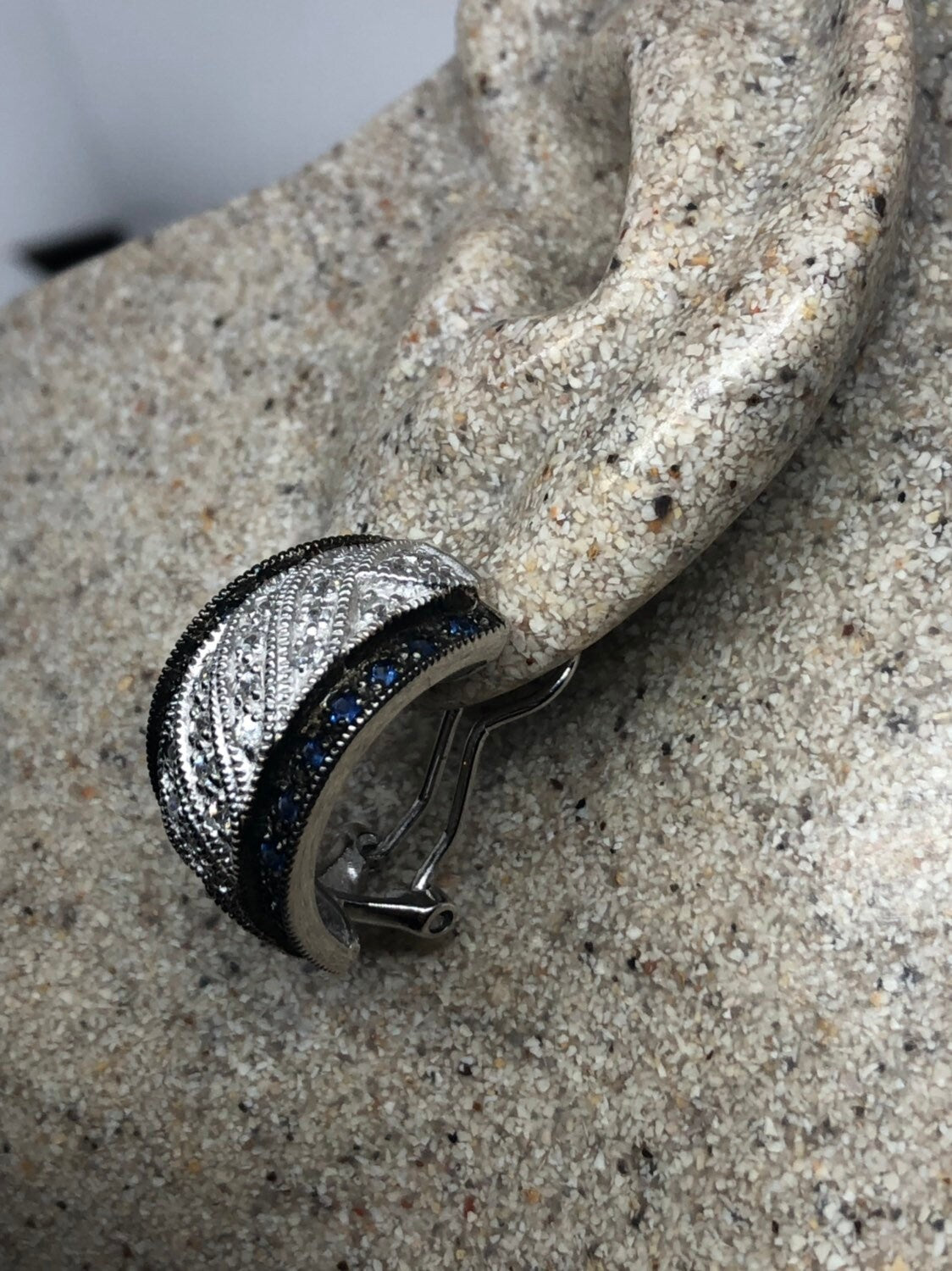 Vintage Handmade Sterling Silver diamond look Blue and White Sapphire Gemstone drop Hoop Earrings