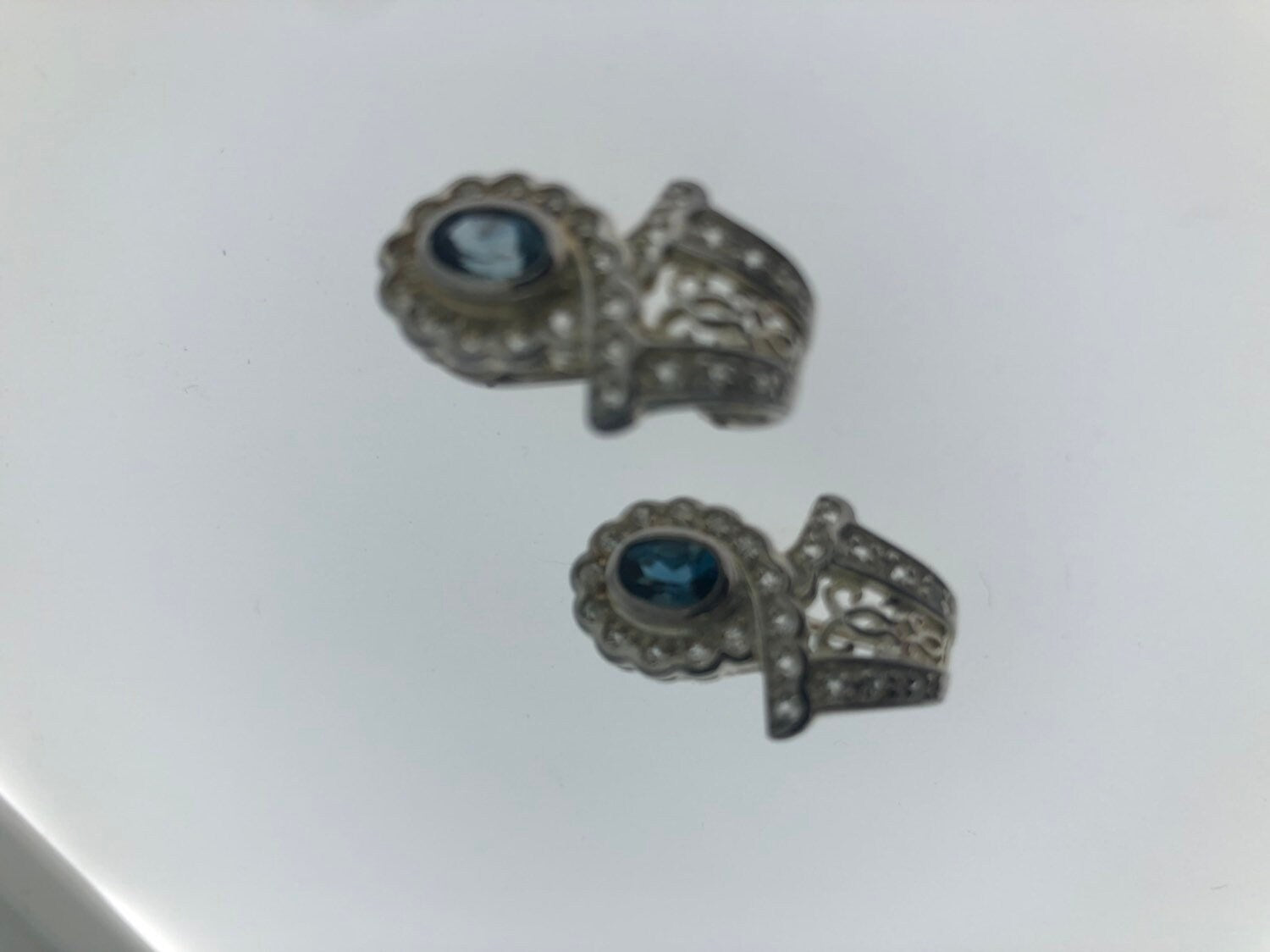Vintage Handmade Sterling Silver diamond look Blue and White Sapphire Gemstone drop Hoop Earrings