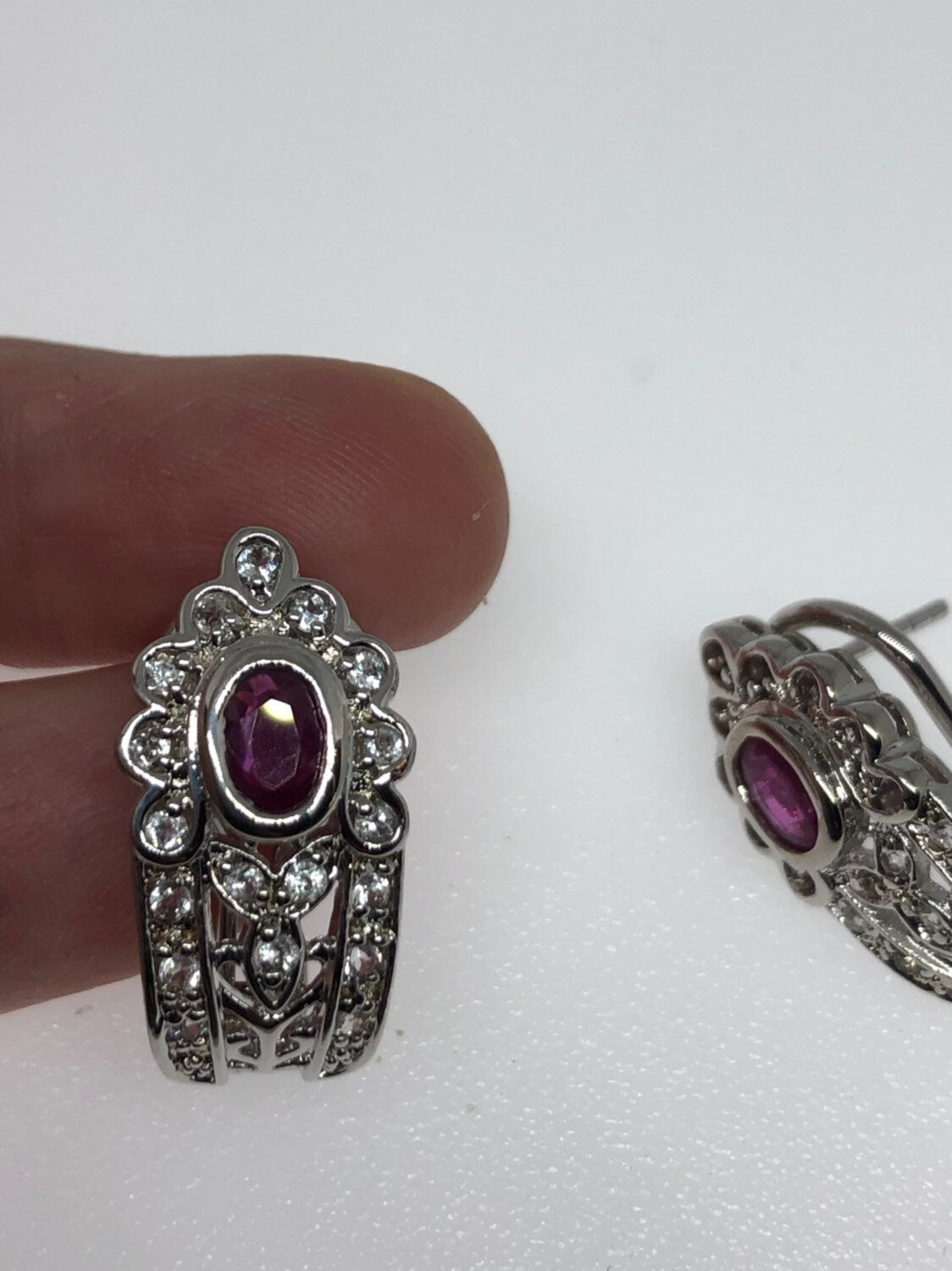 Vintage Handmade Sterling Silver Deep Pink Ruby Earrings