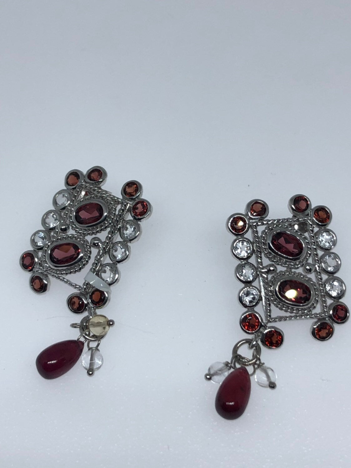 Vintage Handmade 925 Sterling Silver Bohemian Garnet HEart Drop Earrings