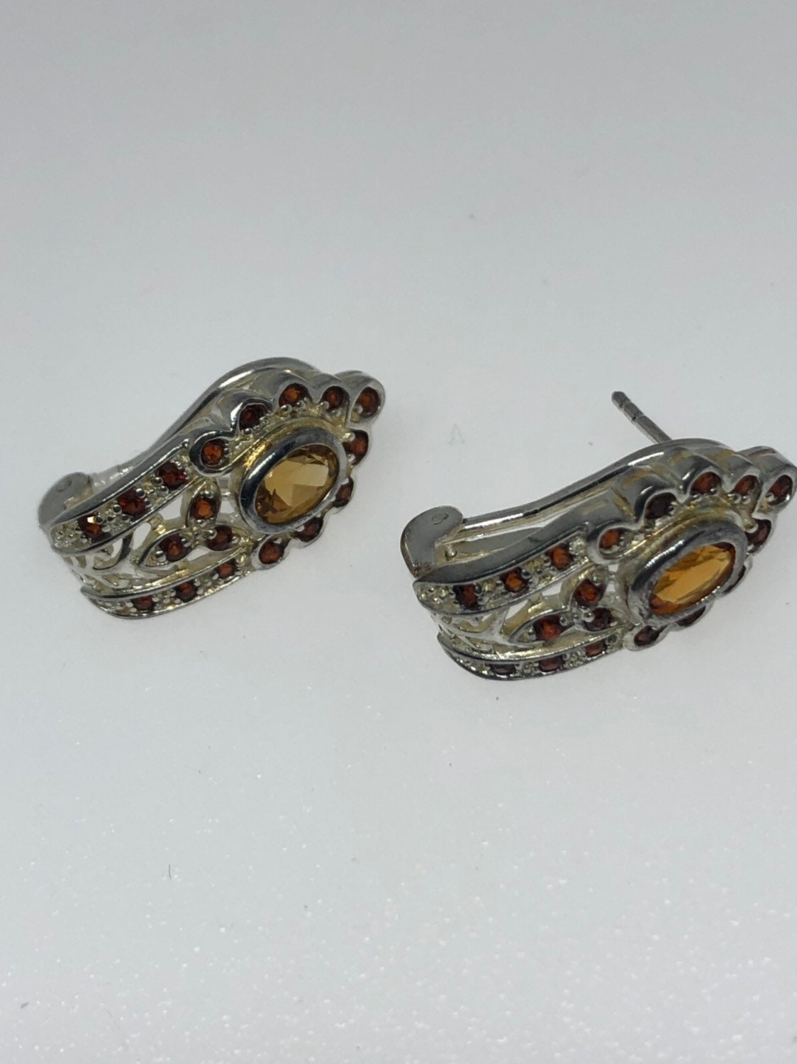 Vintage Genuine Citrine to Garnet Gemstone 925 Sterling Silver Star Stud Earrings