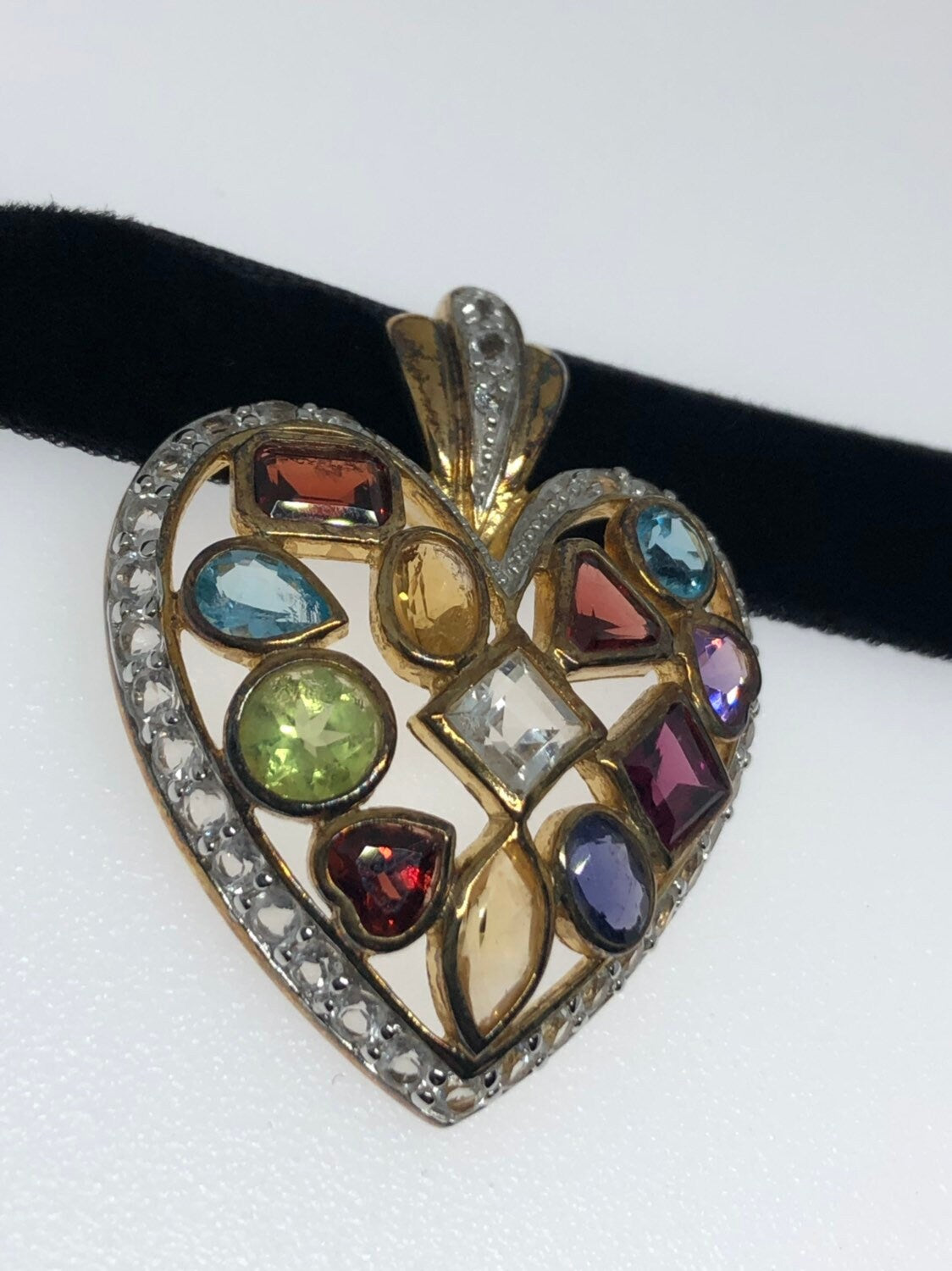 Vintage Handmade Golden 925 Sterling Silver Genuine Gemstone Antique Heart Pendant Necklace