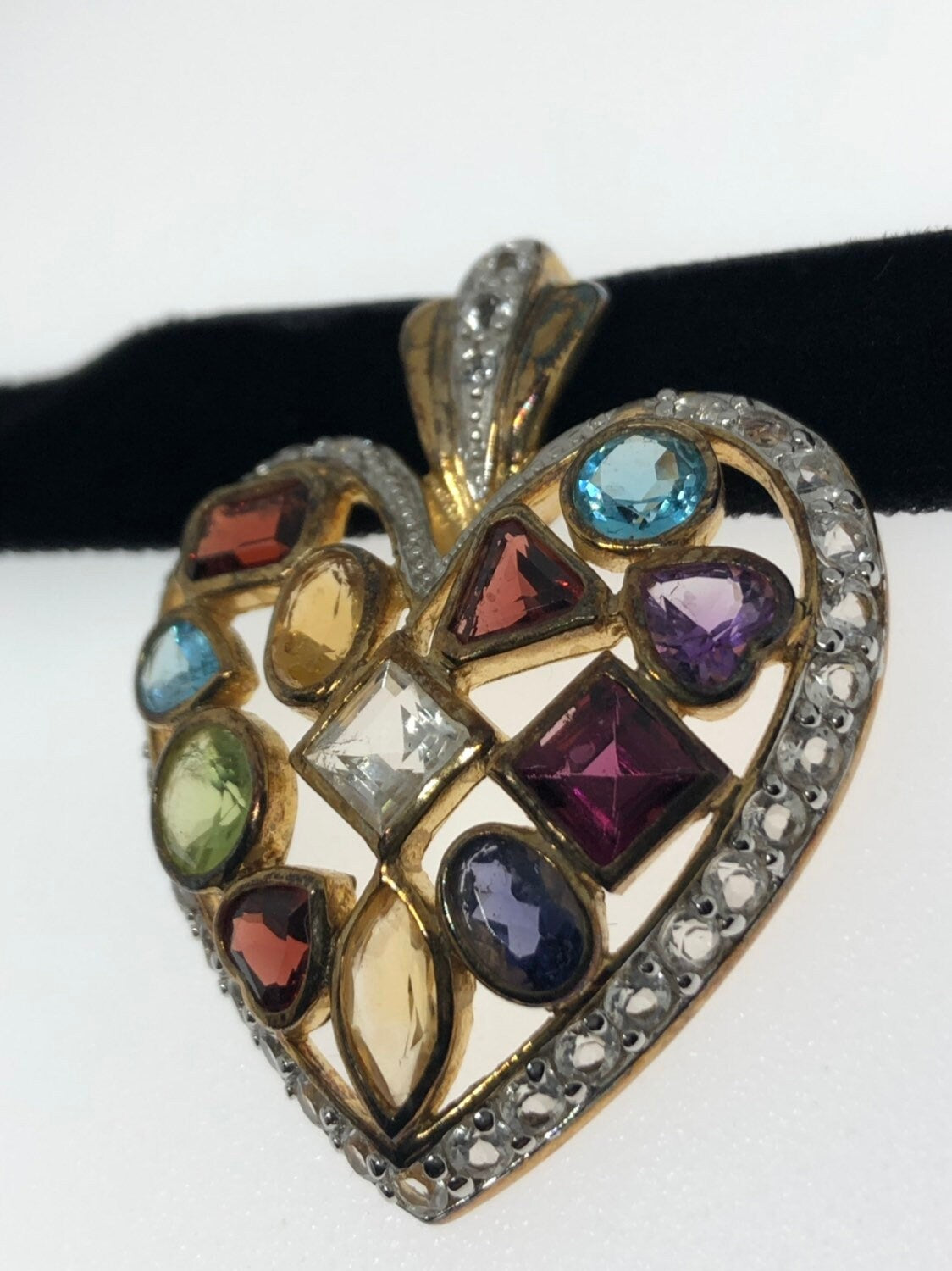 Vintage Handmade Golden 925 Sterling Silver Genuine Gemstone Antique Heart Pendant Necklace