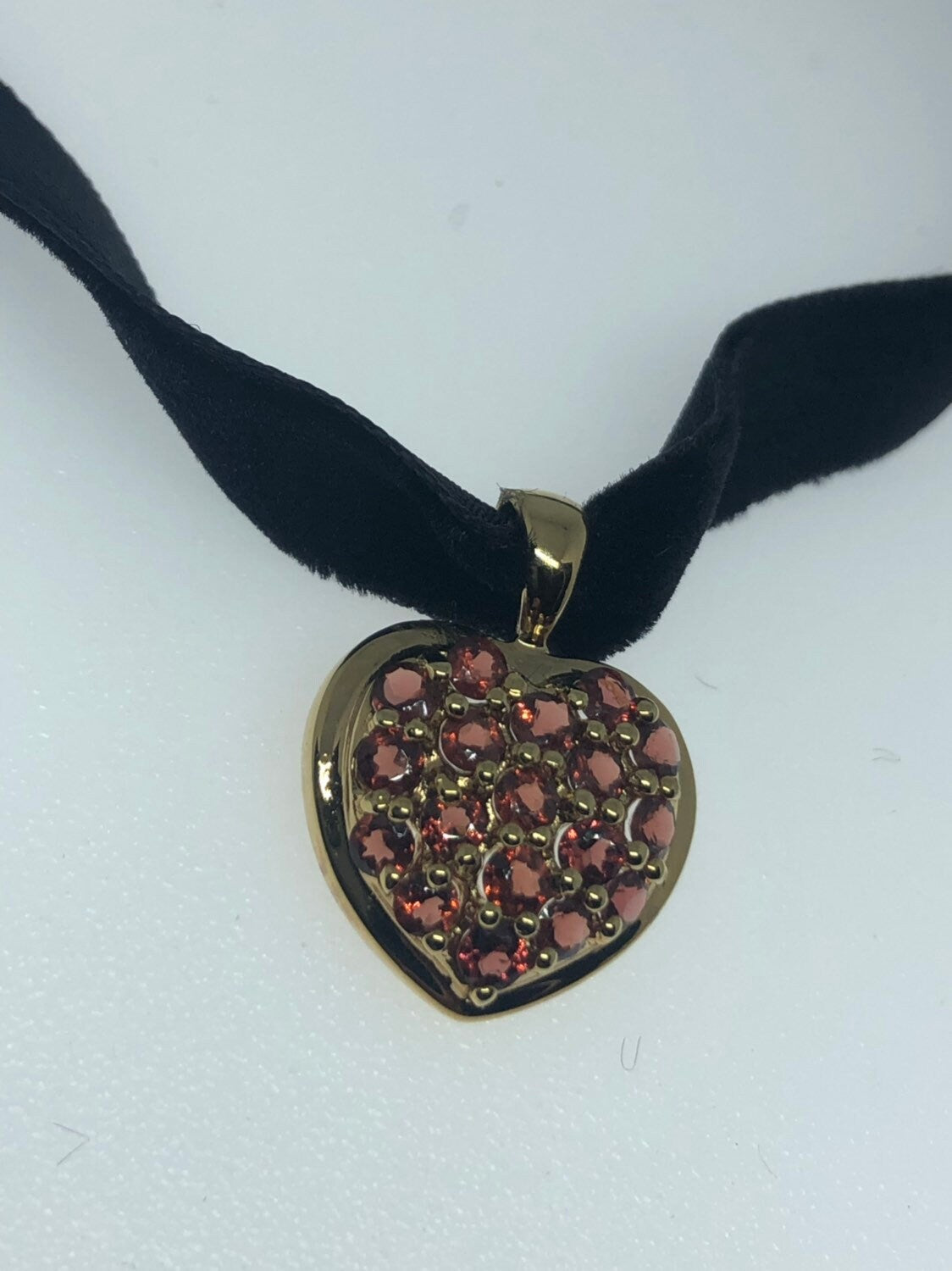 Vintage Handmade Golden 925 Sterling Silver Genuine Garnet Antique Heart Pendant Necklace