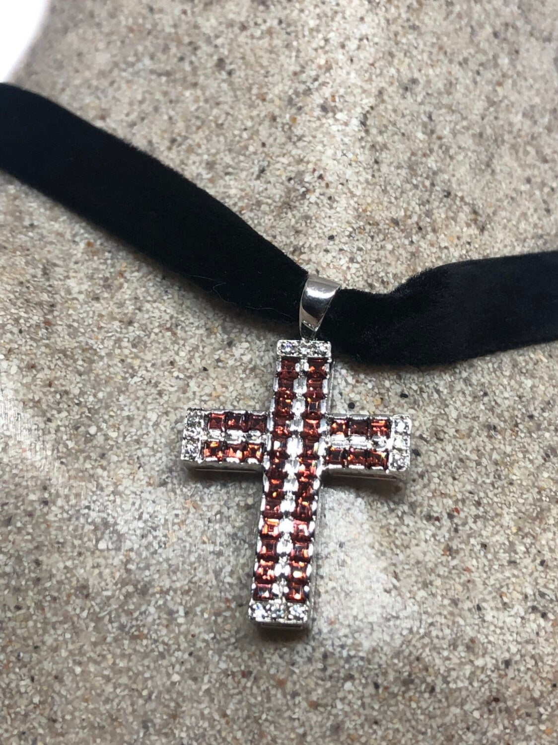 Vintage Handmade Sterling Silver Garnet Cross Pendant