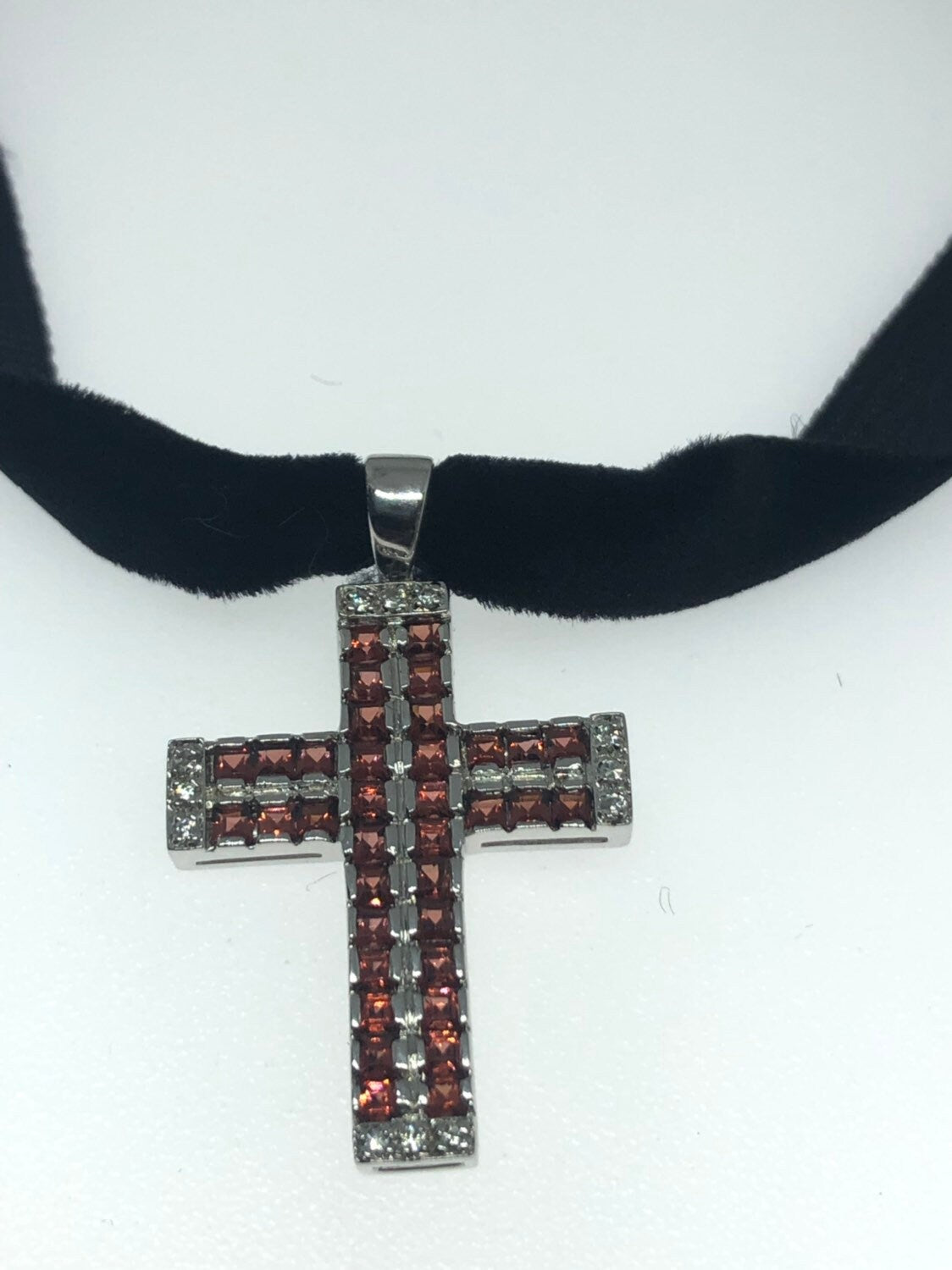 Vintage Handmade Sterling Silver Garnet Cross Pendant