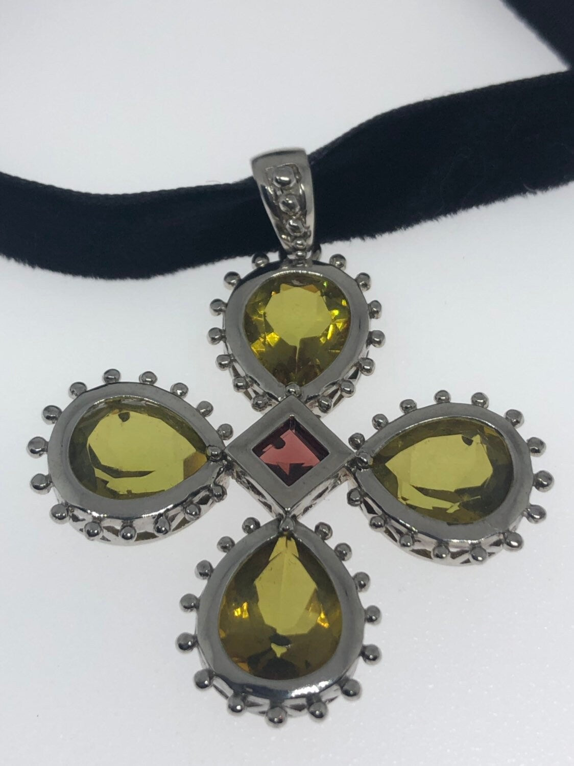 Vintage Handmade Sterling Silver Golden Lemon Quartz cross Pendant
