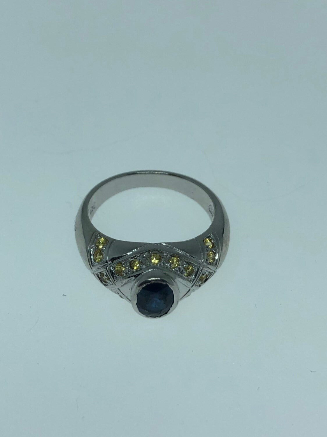 Vintage Handmade Deep Blue Sapphire and Citrine 925 Sterling Silver Gothic Ring