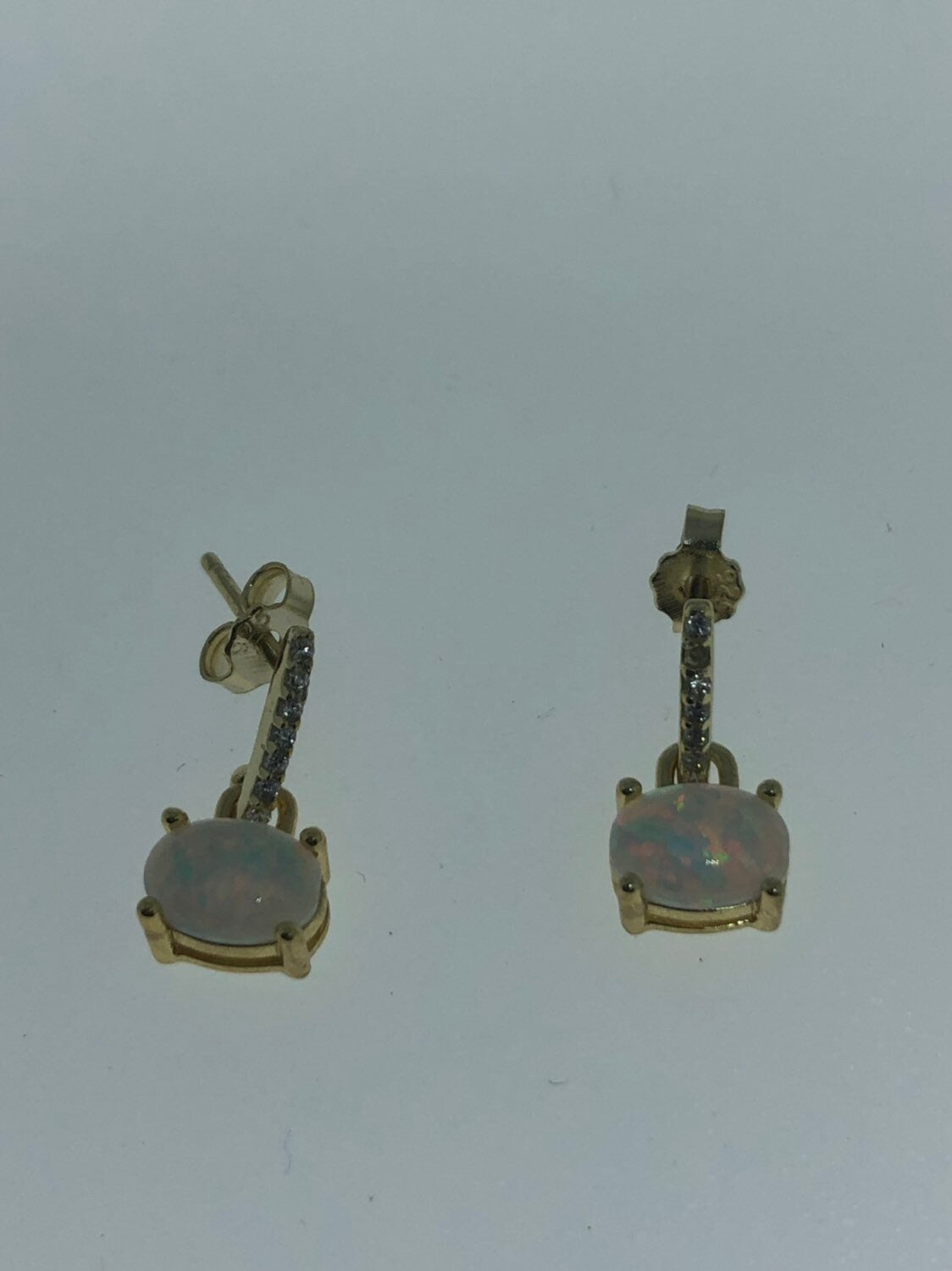 Vintage Genuine White Opal Gold 925 Sterling Silver Dangle Earrings