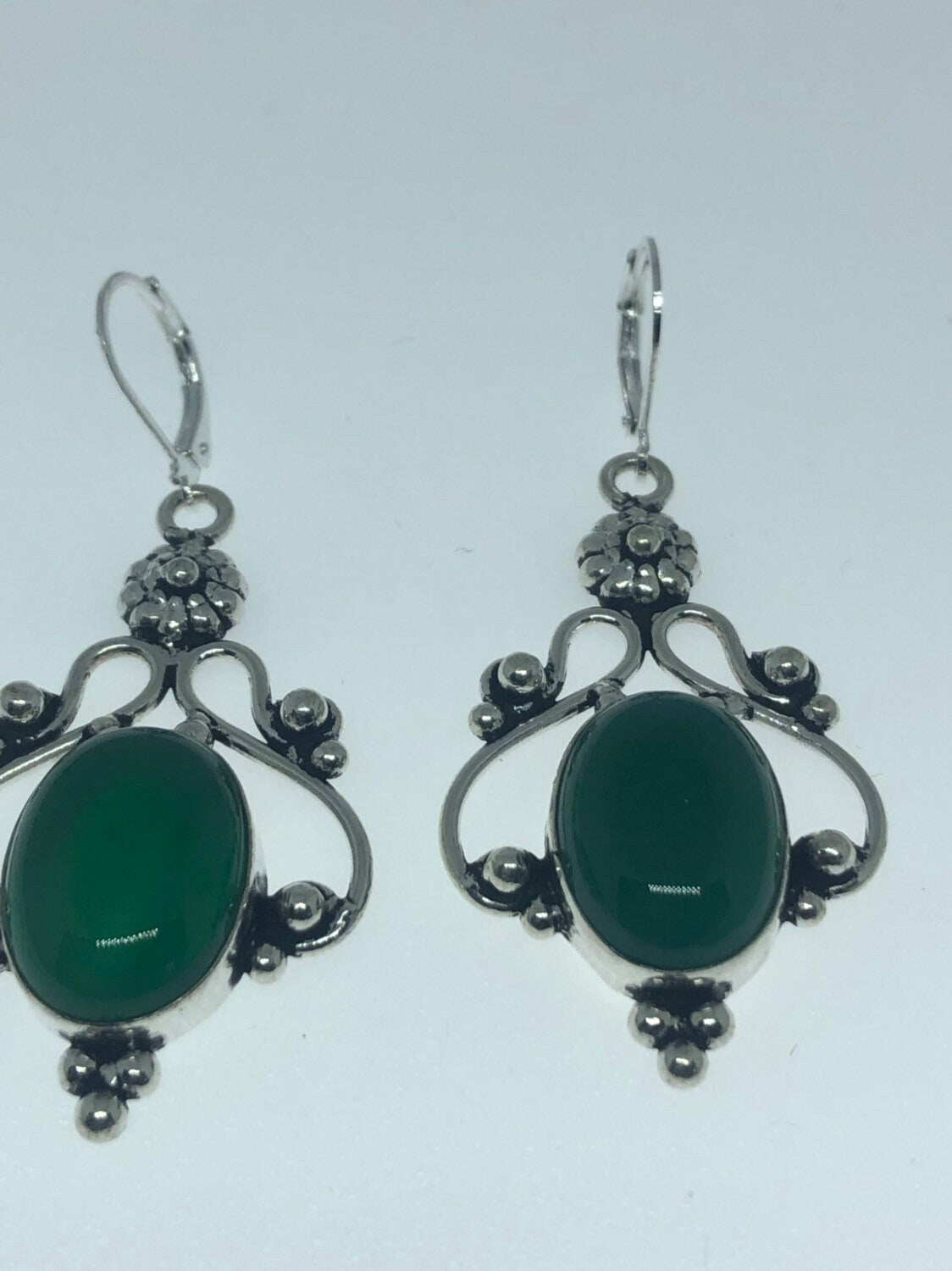 Antique Vintage Green Chrysoprase Silver Dangle Earrings