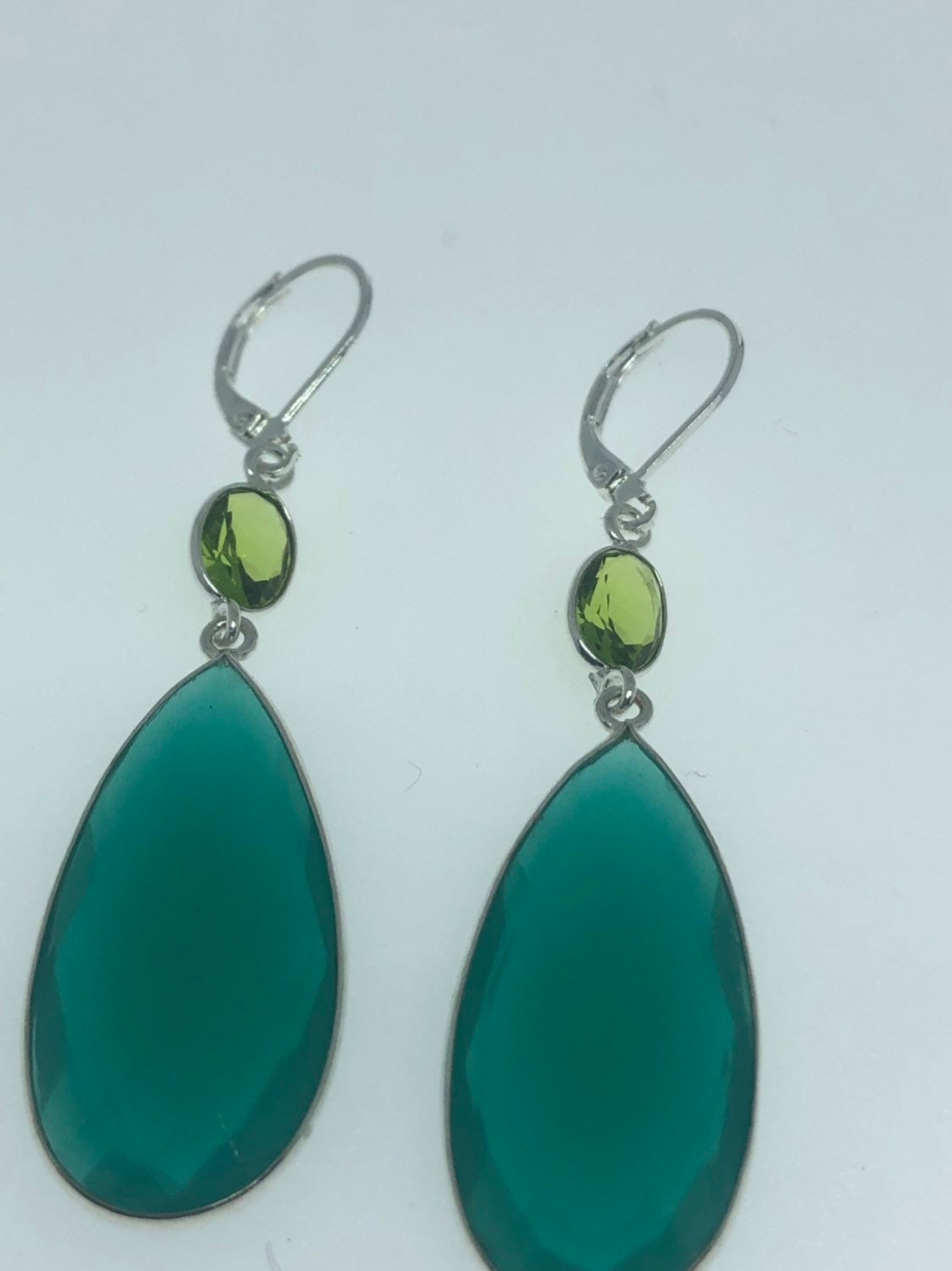 Antique Vintage Green Chrysoprase Silver Dangle Earrings