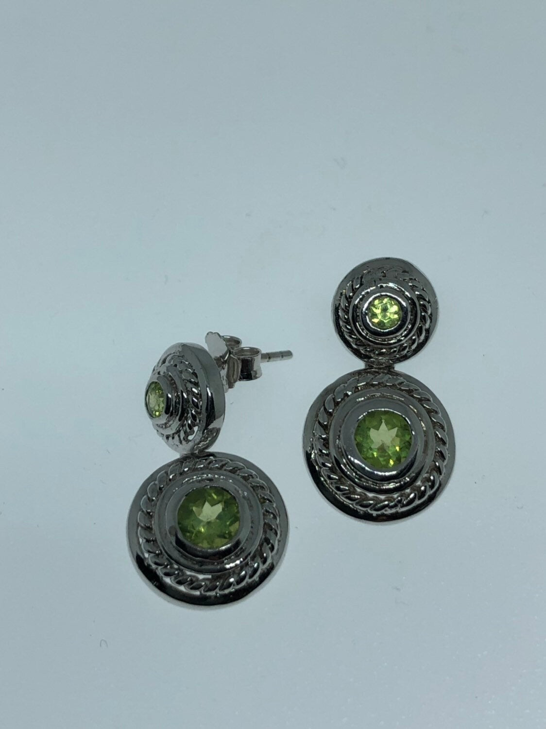 Vintage Handmade Sterling Silver Genuine Green Peridot Stud Earrings