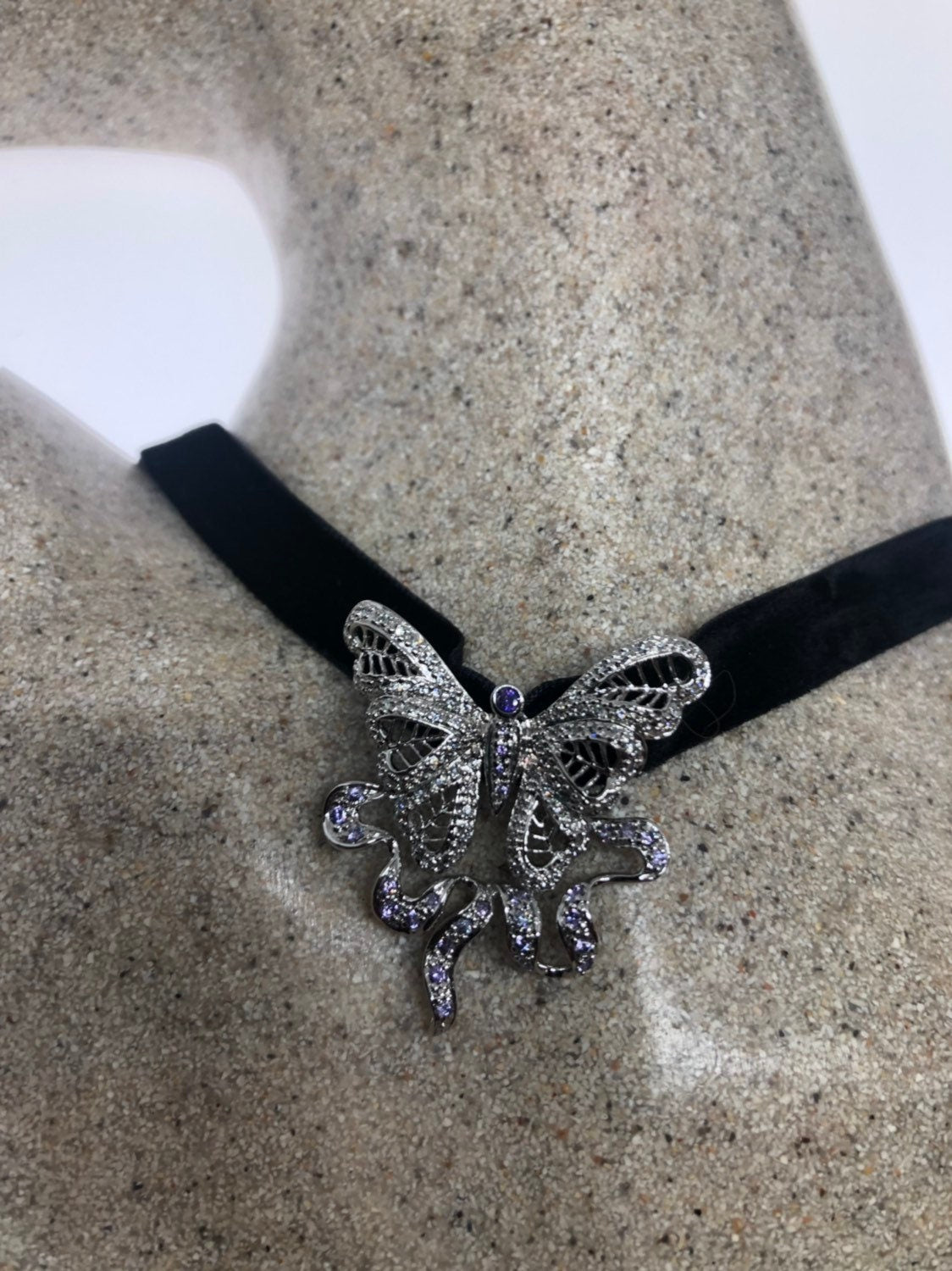 Vintage Handmade 925 Sterling Silver Rhodium White Sapphire Butterfly Pendant Choker