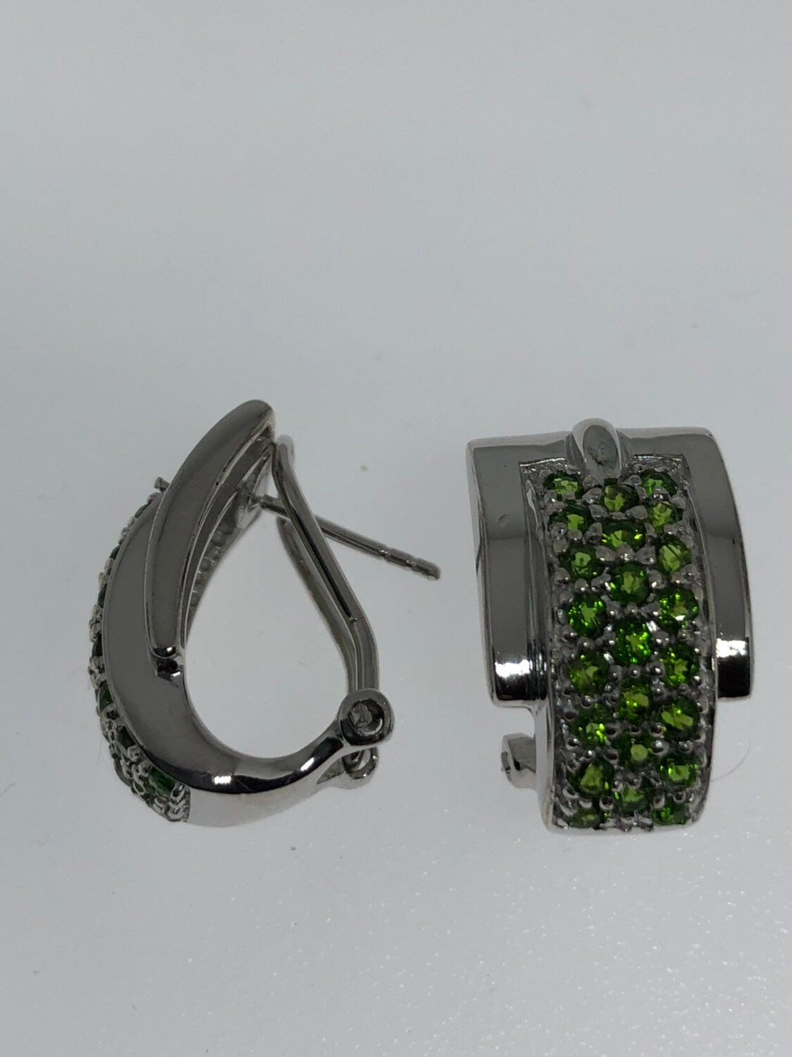 Vintage Handmade Sterling Silver Genuine Green Peridot and White Sapphire Earrings