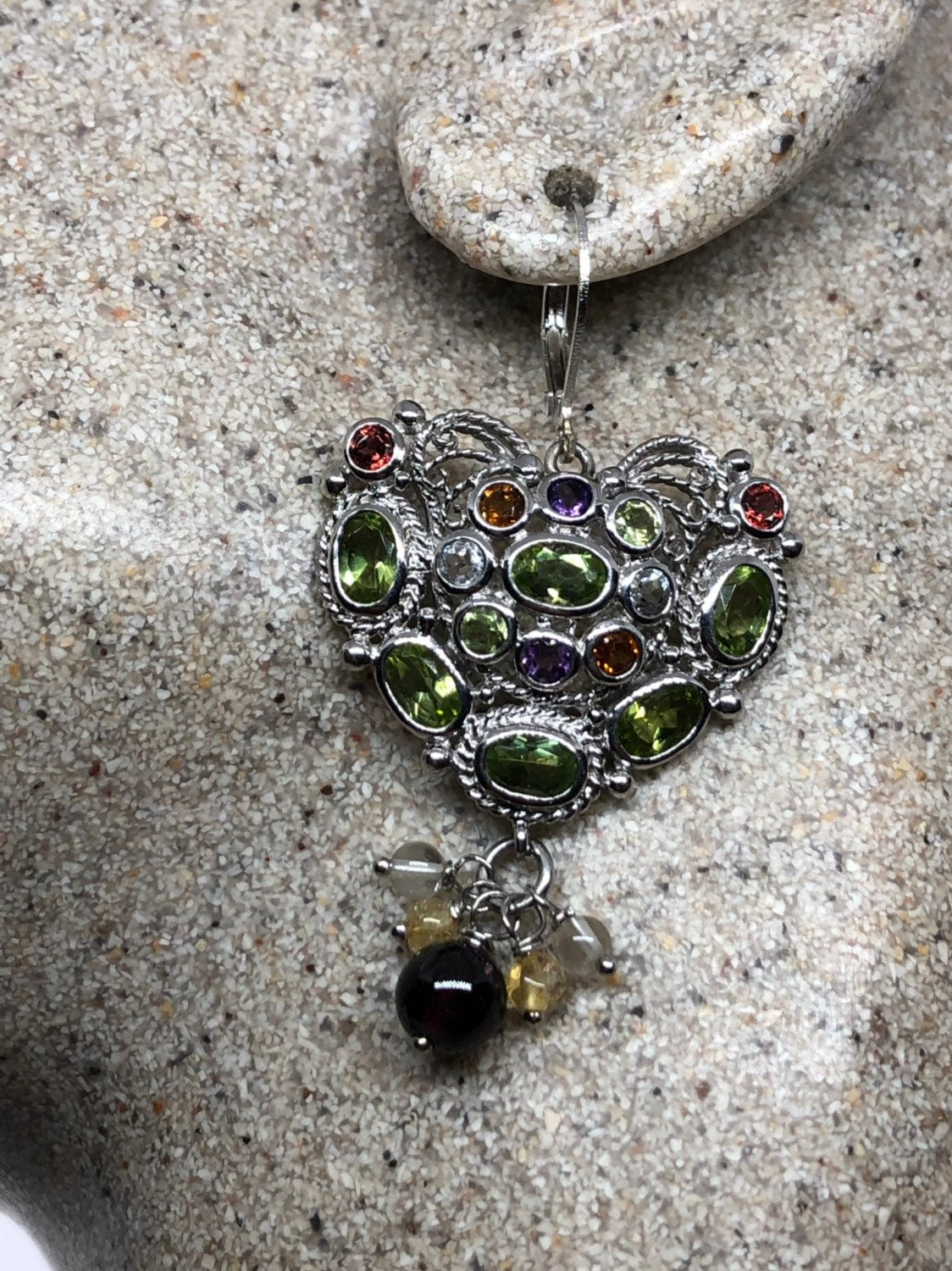 Vintage 925 Sterling Silver Genuine Green Peridot and Mixed Gemstone Heart Earrings