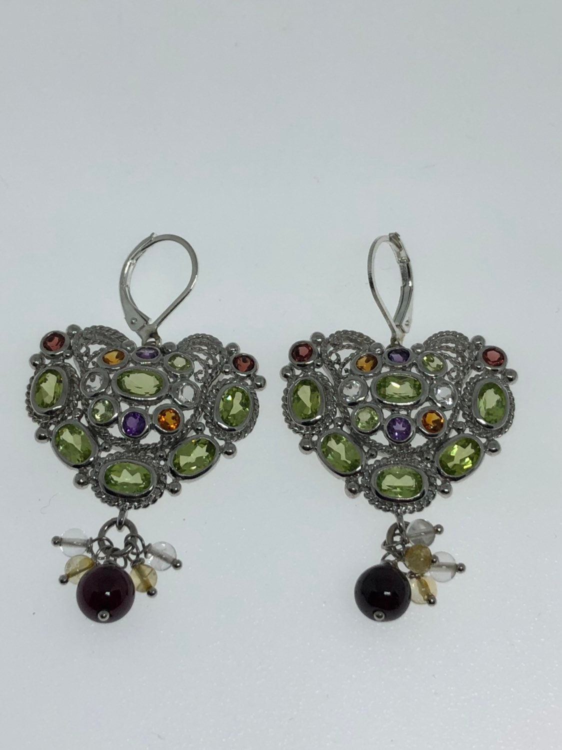 Vintage 925 Sterling Silver Genuine Green Peridot and Mixed Gemstone Heart Earrings