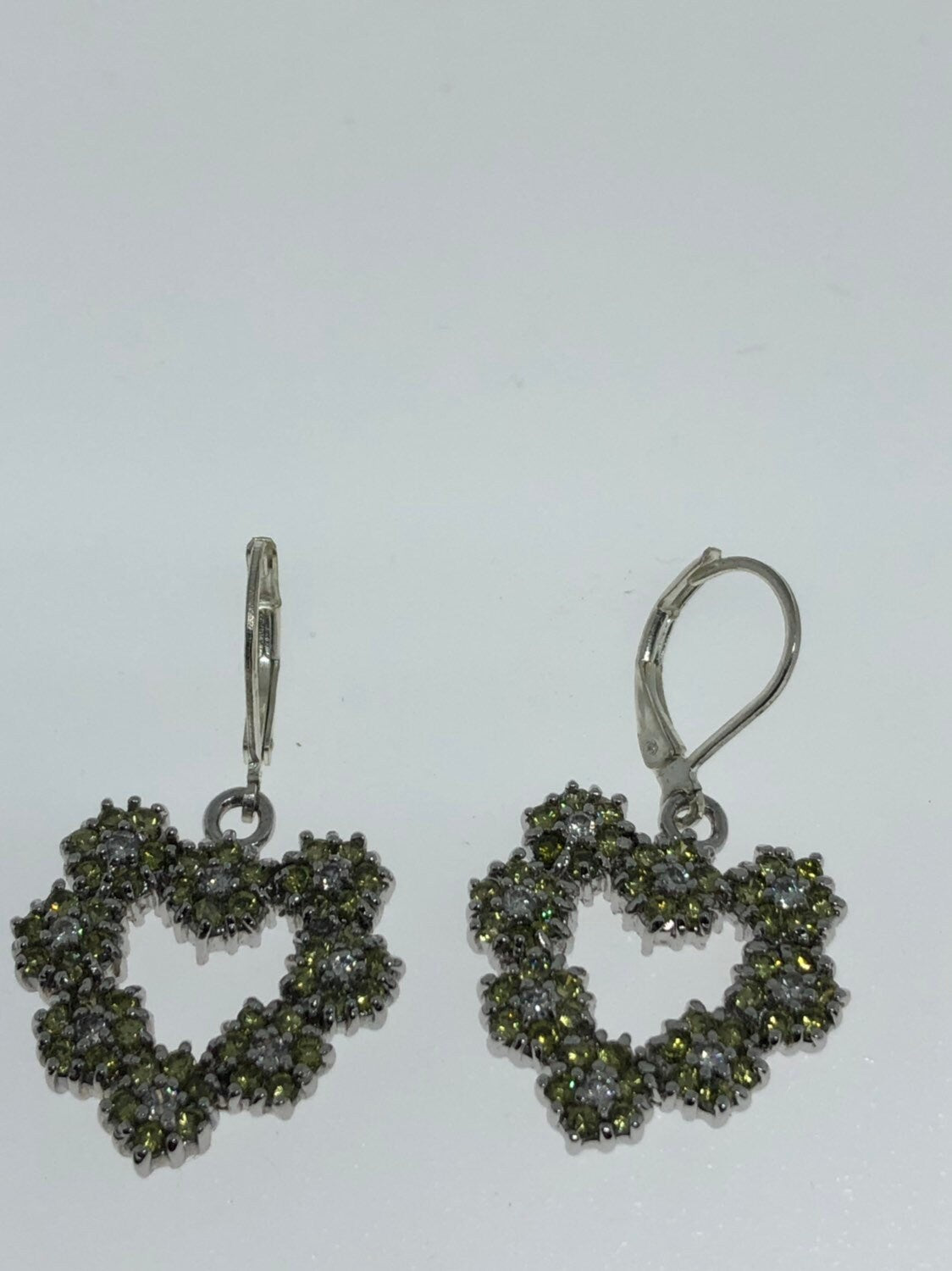 Vintage Handmade Sterling Silver Genuine Green Peridot HEart Earrings