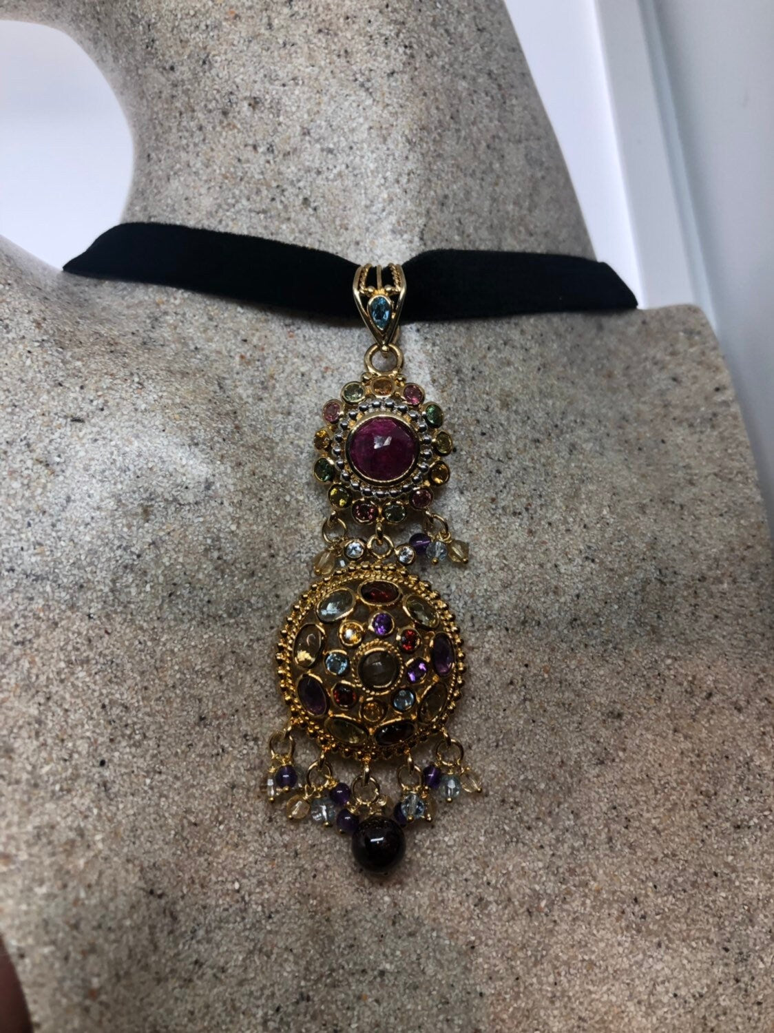Vintage Handmade Golden 925 Sterling Silver Genuine Garnet, Mixed Gemstone and Ruby Antique Pendant Necklace