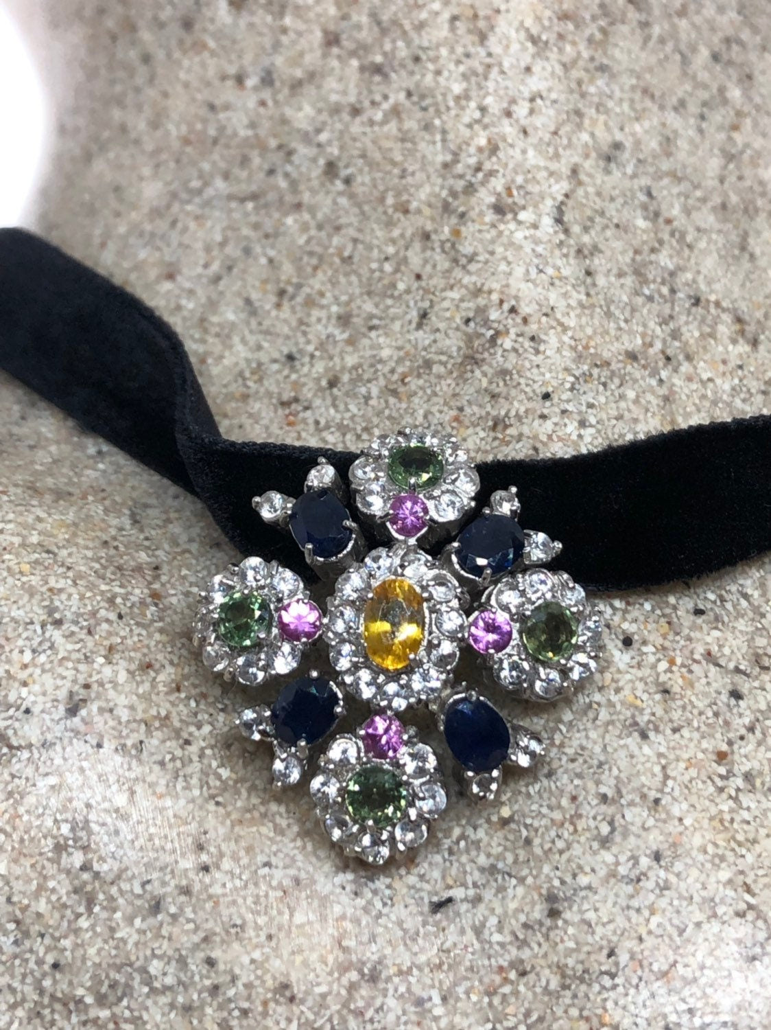 Vintage Handmade 925 Sterling Silver Genuine Garnet, Mixed Gemstone and Citrine Antique Pendant Necklace