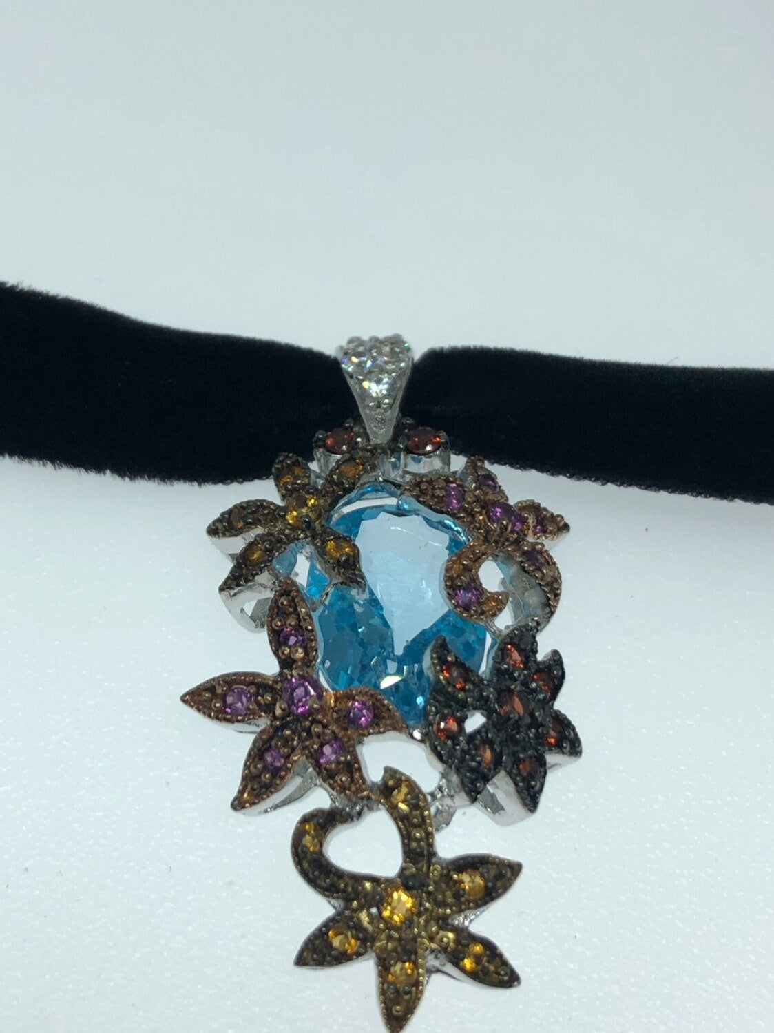 Vintage Handmade 925 Sterling Silver Genuine Mixed Gemstone and Blue Topaz Antique Pendant Necklace