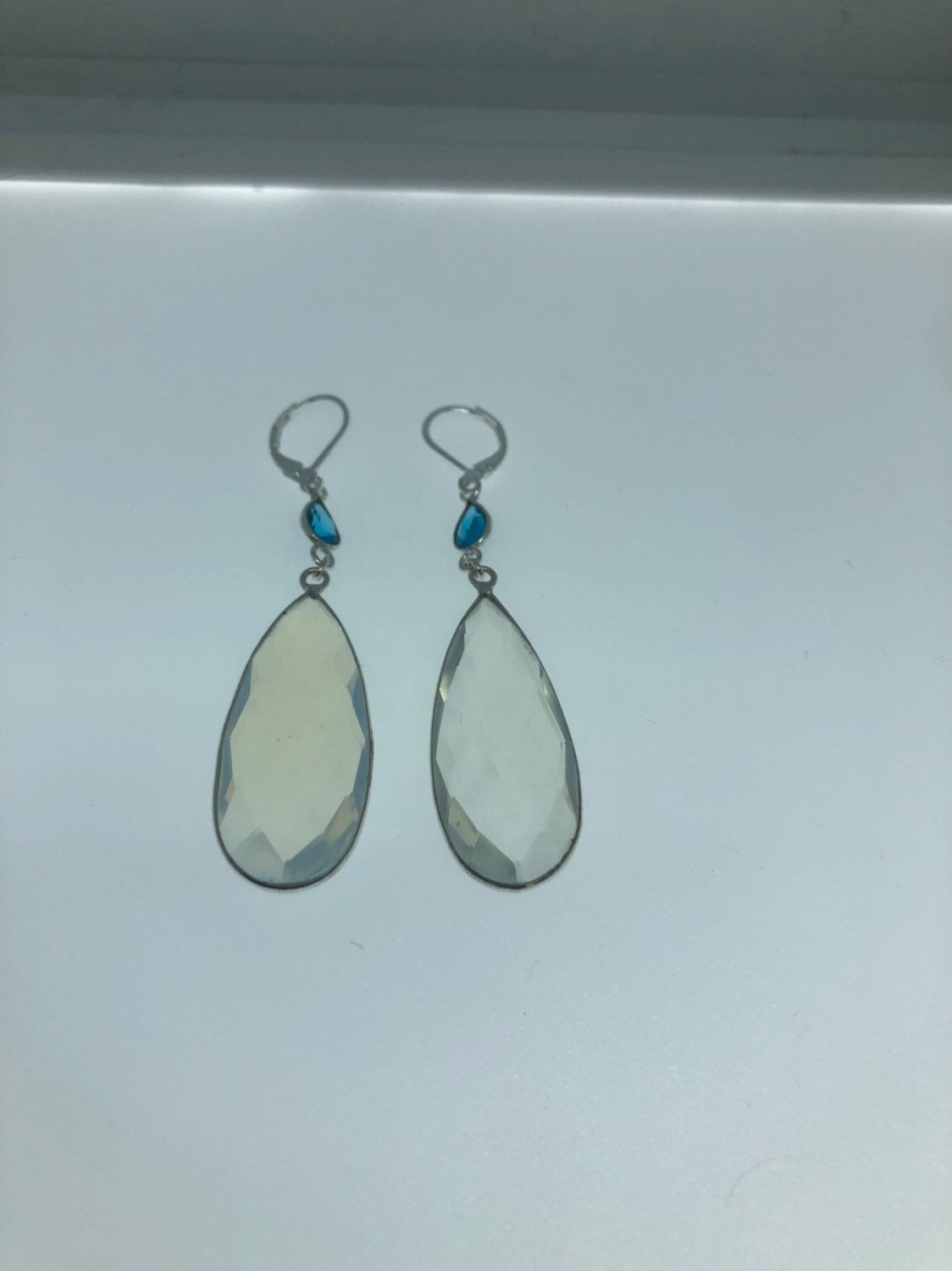 Antique Vintage Blue White Opal Glass Silver Dangle Earrings