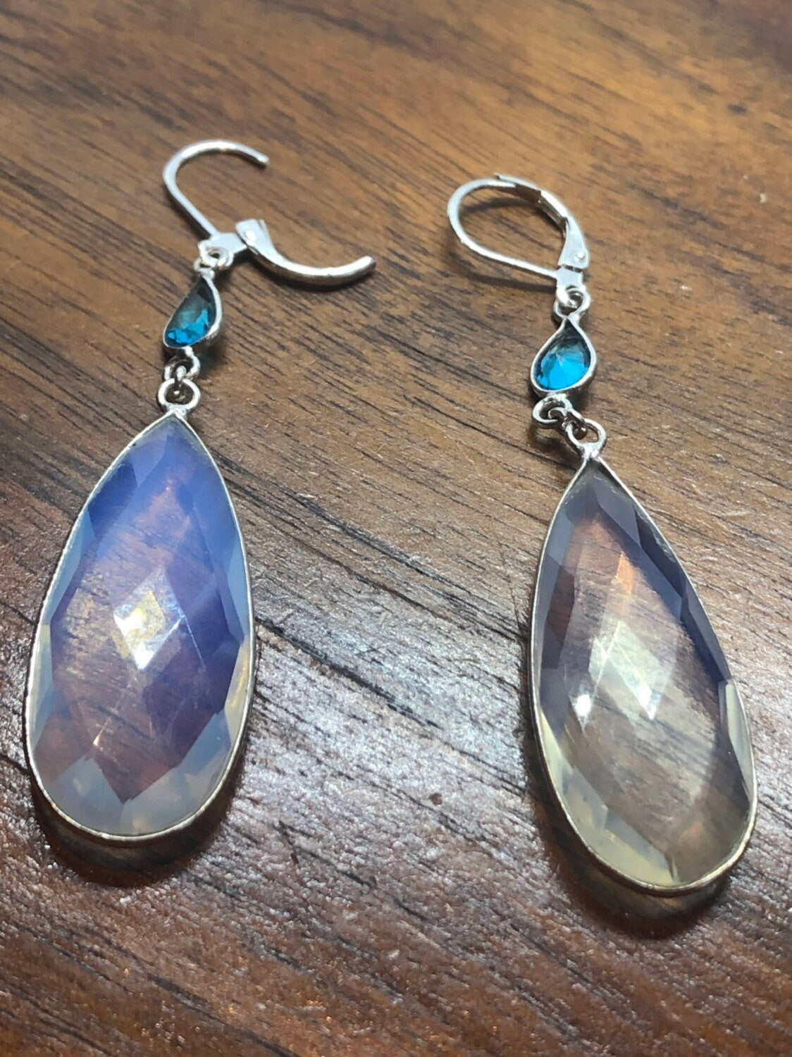 Antique Vintage Blue White Opal Glass Silver Dangle Earrings