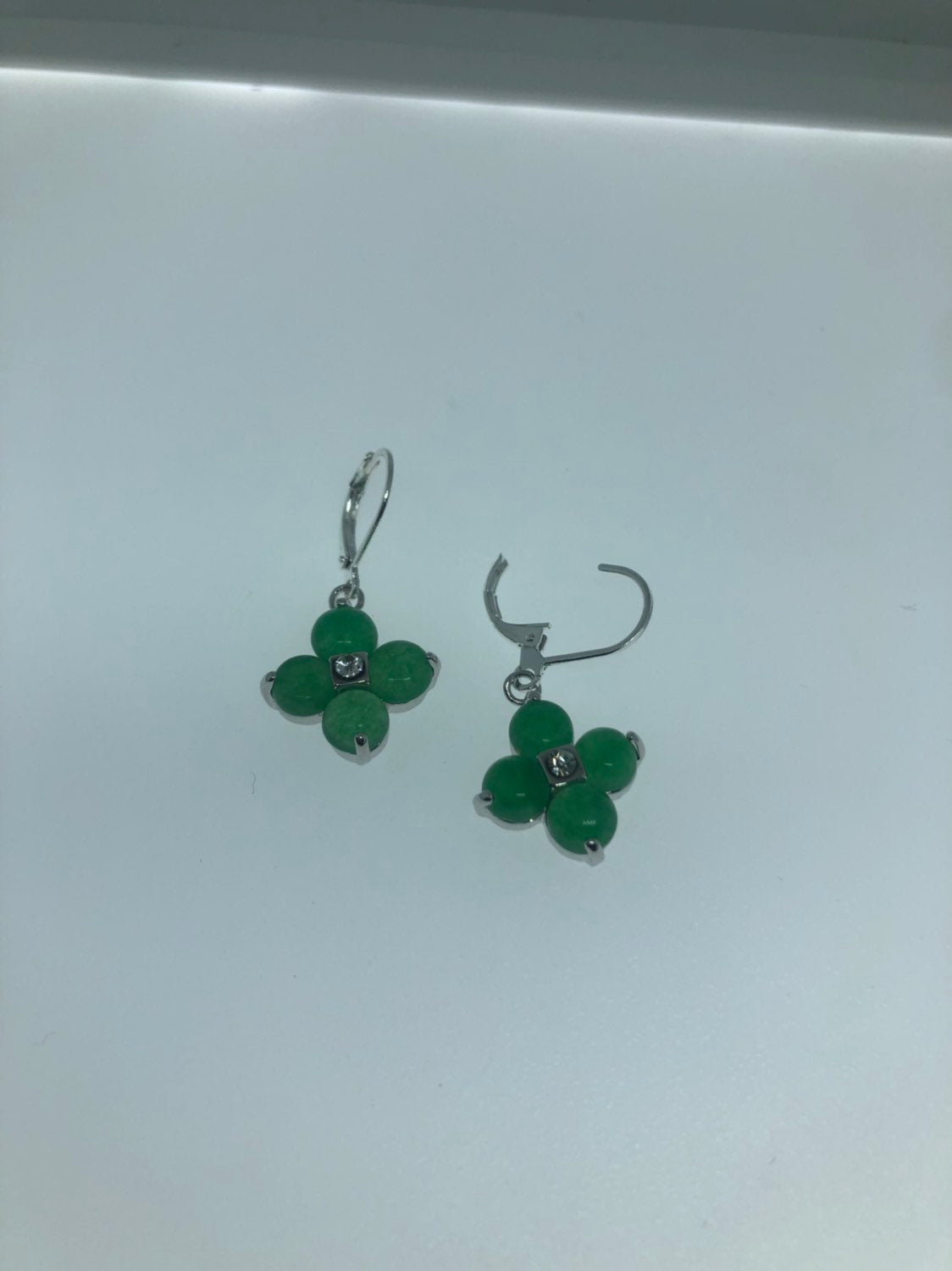 Vintage Fun Green Jade Gemstone Silver Bronze Earrings