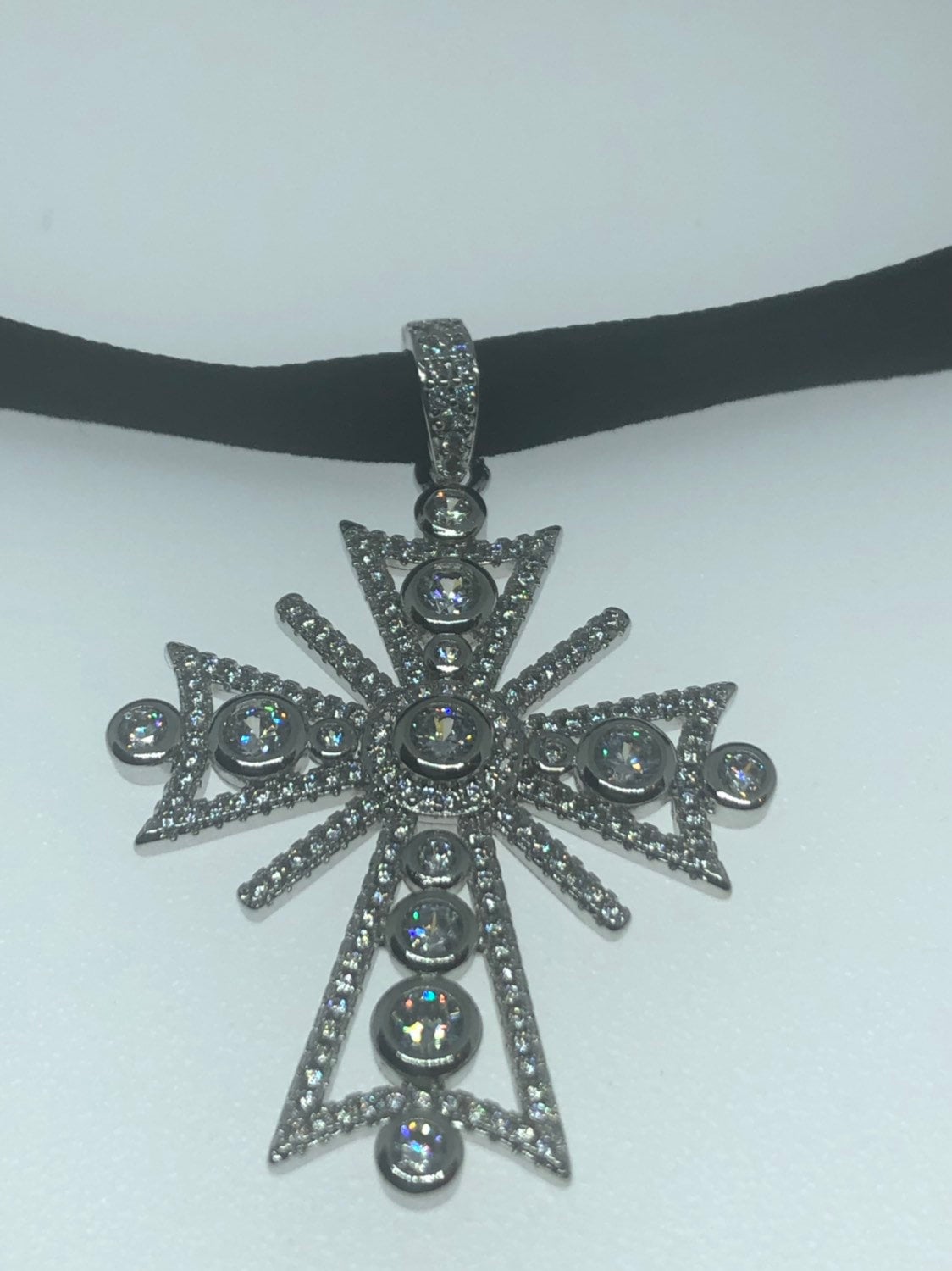 Vintage Crystal Cross Amulet Silver White Bronze Pendant