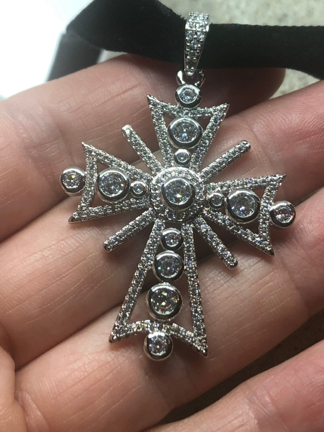 Vintage Crystal Cross Amulet Silver White Bronze Pendant