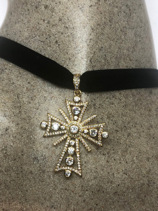 Vintage Crystal Cross Amulet Golden White Bronze Pendant