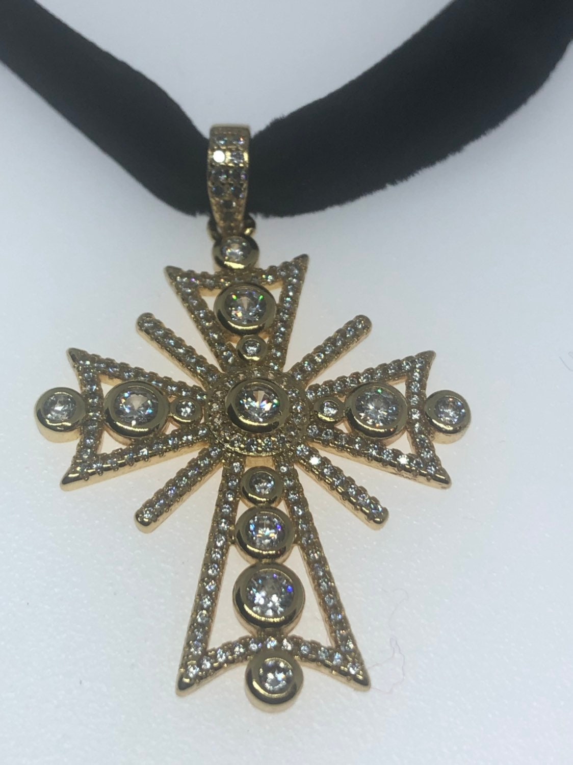 Vintage Crystal Cross Amulet Golden White Bronze Pendant