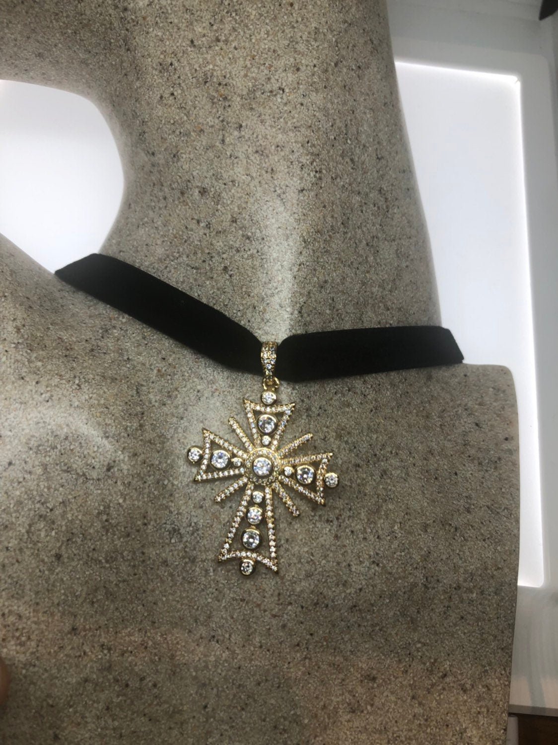 Vintage Crystal Cross Amulet Golden White Bronze Pendant