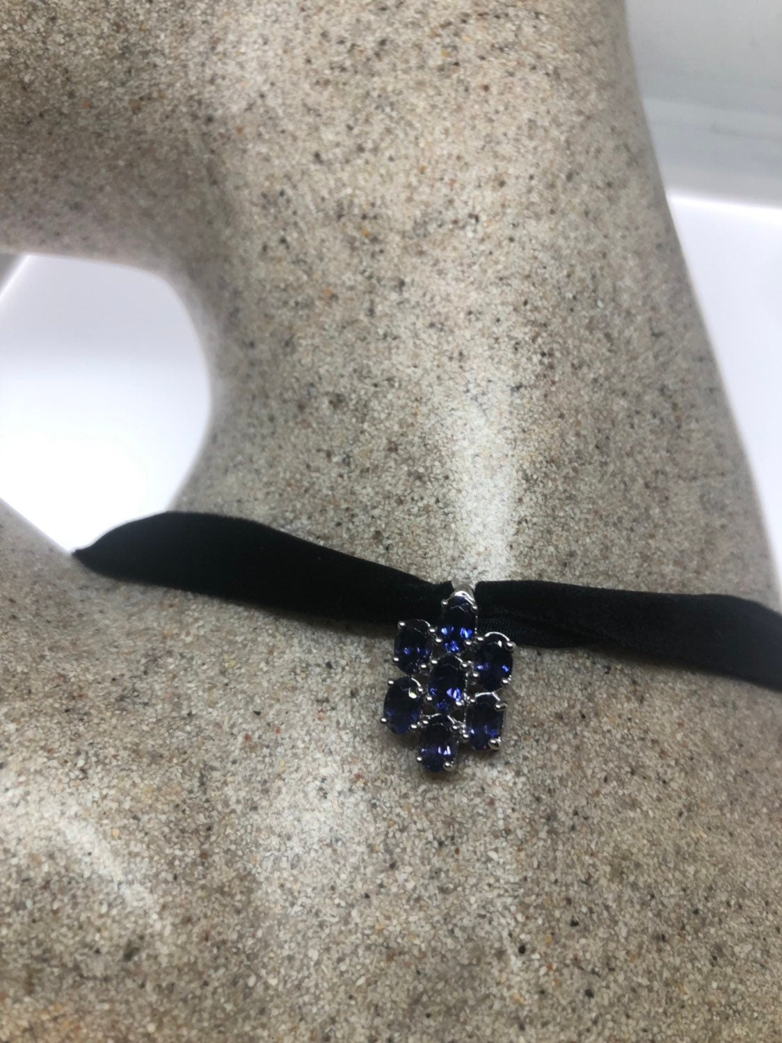 Vintage Blue Iolite Choker Antique 925 Sterling Silver Necklace